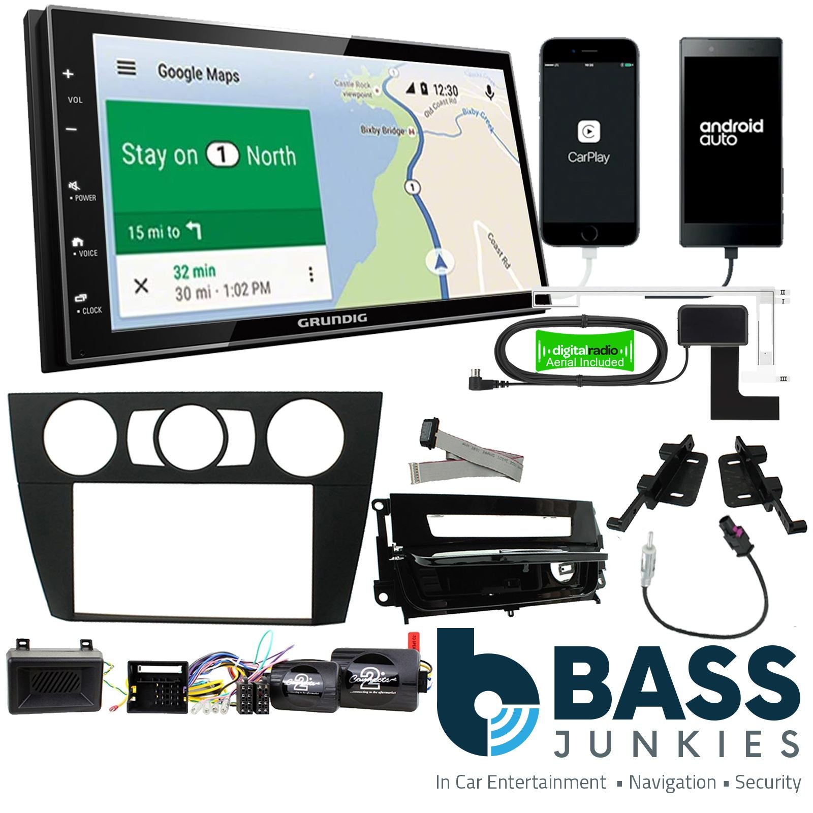 Grundig 6.8" Apple Android Double Din Stereo Fitting Kit + Steering Wheel Stalk Controls to fit BMW 3-Series 2005-12
