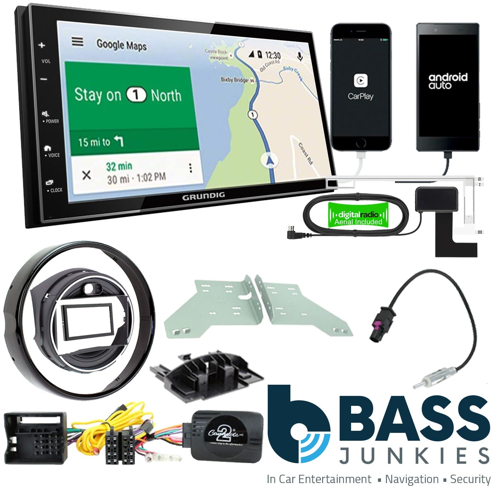 Grundig 6.8" Apple Android Double Din Stereo Fitting Kit + Steering Wheel Stalk Controls to fit BMW Mini 2013-16