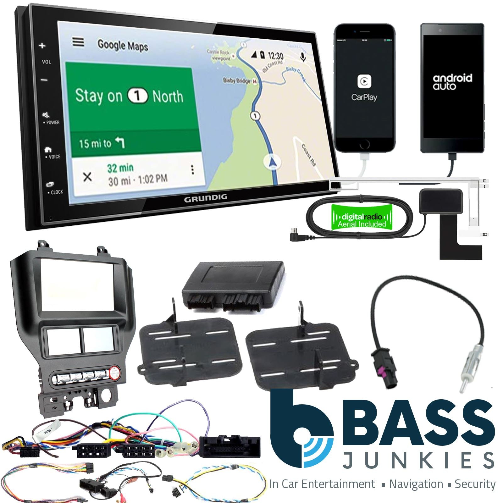 Grundig 6.8" Apple Android Double Din Stereo Fitting Kit + Steering Wheel Stalk Controls to fit Ford Mustang 2015-21