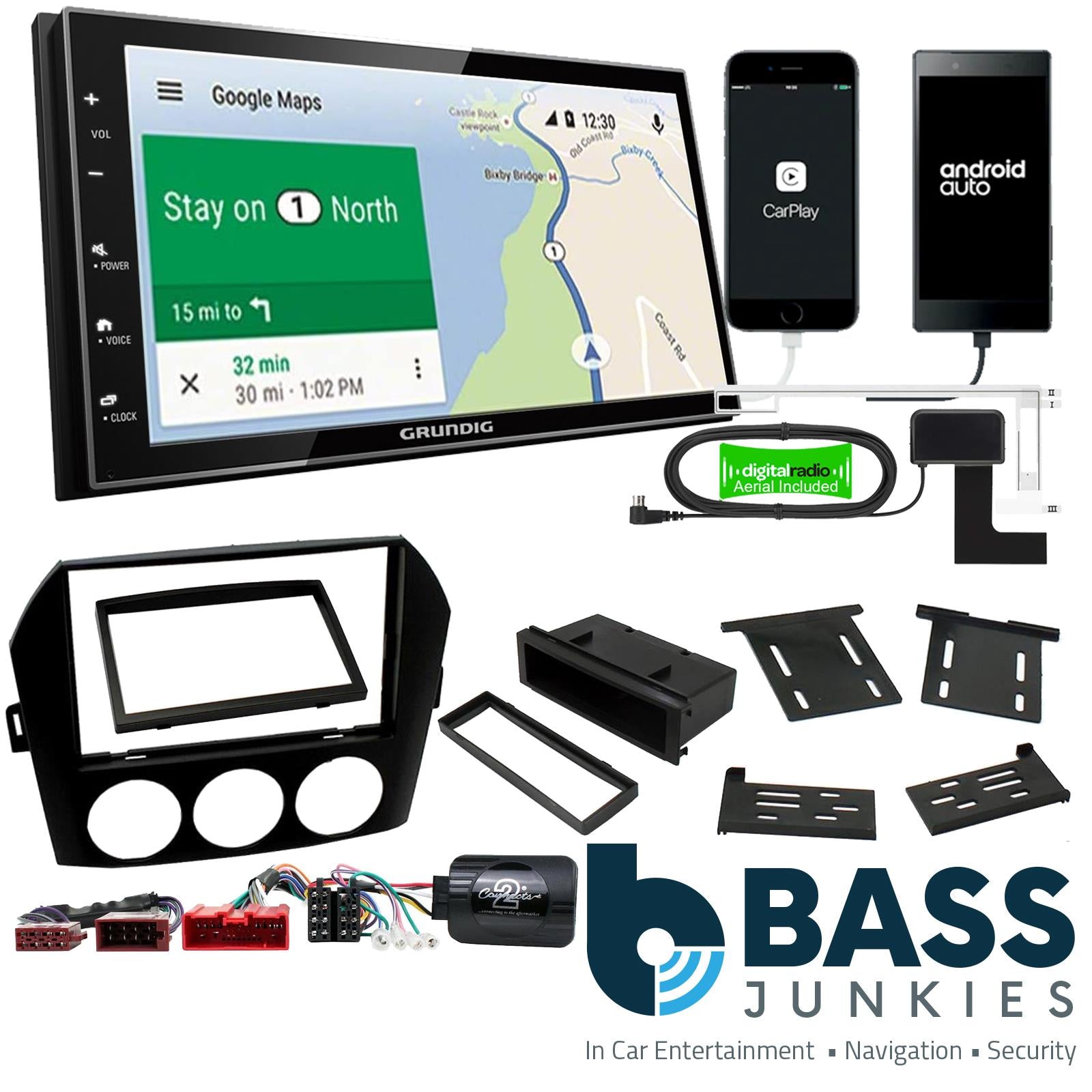 Grundig 6.8" Apple Android Double Din Stereo Fitting Kit + Steering Wheel Stalk Controls to fit Mazda Miata 2006-08 | Mazda MX-5 2006-08