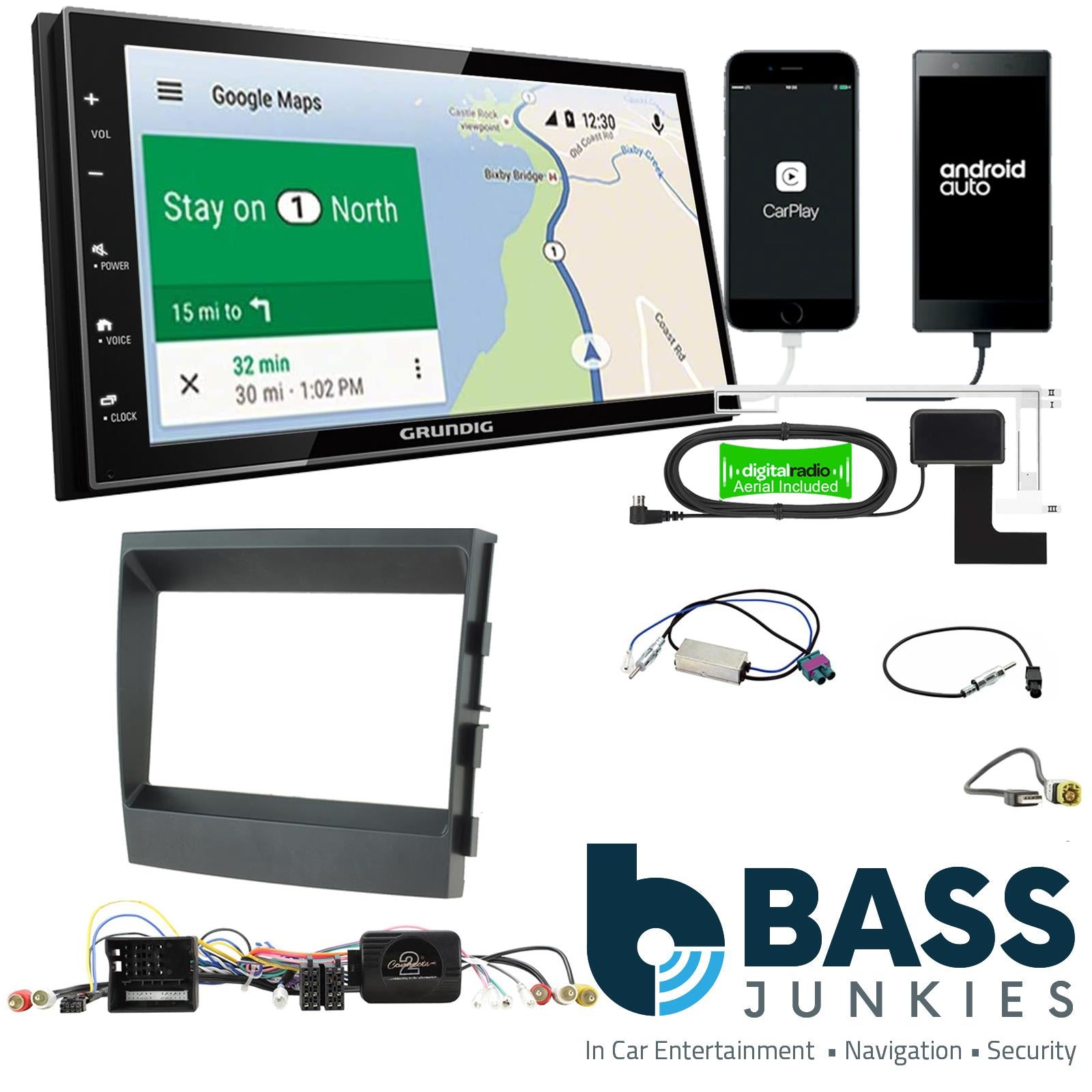 Grundig 6.8" Apple Android Double Din Stereo Fitting Kit + Steering Wheel Stalk Controls to fit Porsche Panamera 2009-16