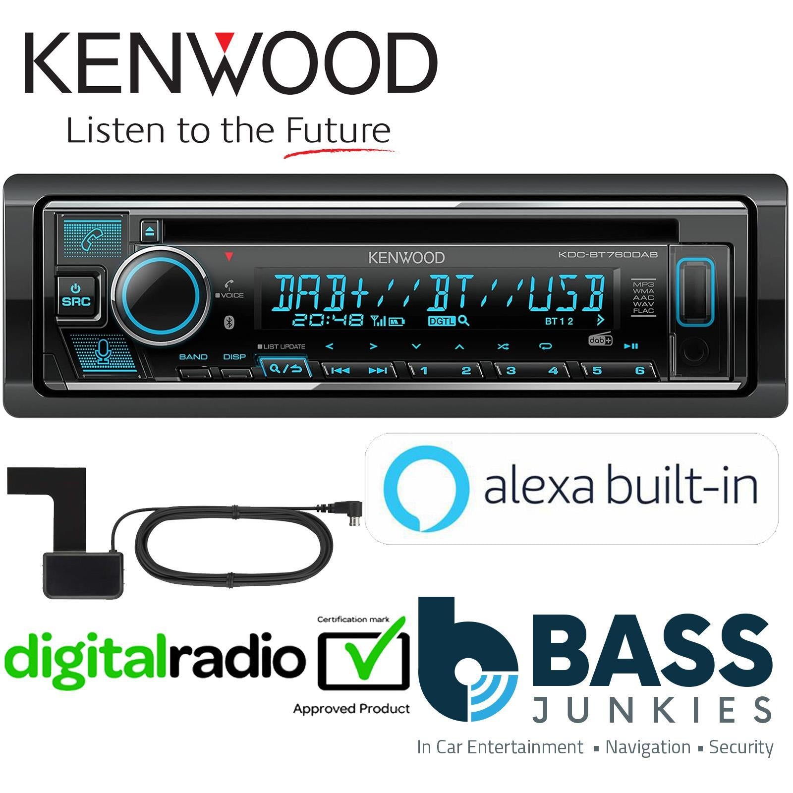 Kenwood KDC-BT760DAB - CD/MP3 DAB+ Bluetooth USB Alexa iphone 50 x 4 Watts Car Stereo Player & DAB Aerial