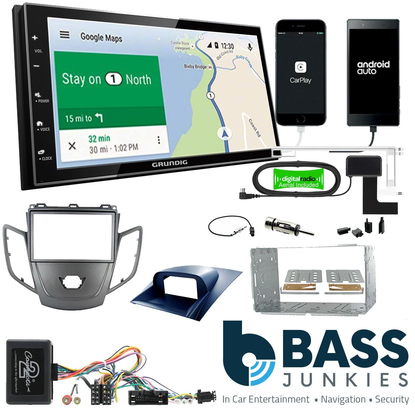 Grundig 6.8" Apple Android Double Din Stereo Fitting Kit + Steering Wheel Stalk Controls to fit Ford Fiesta 2010-12
