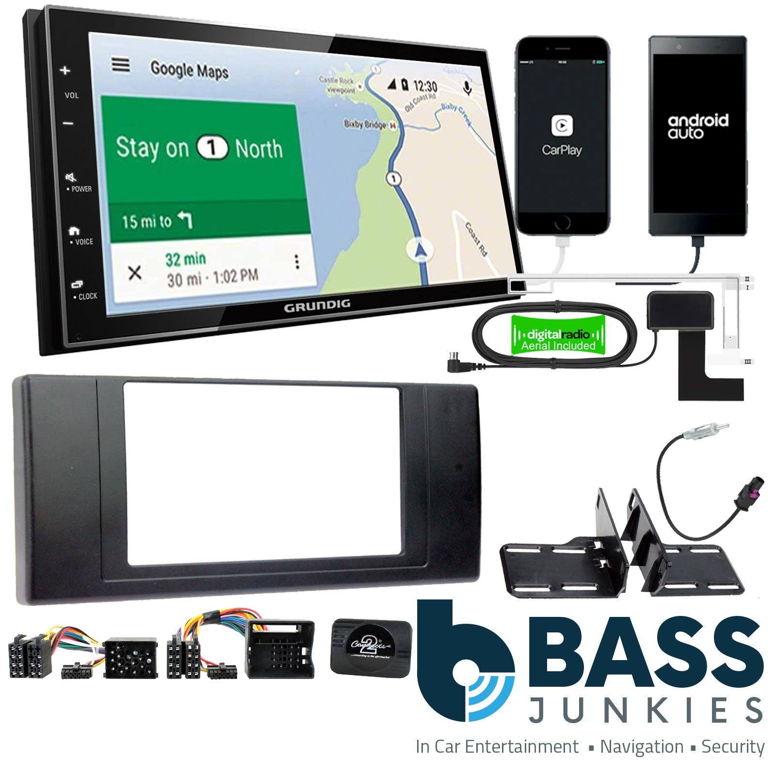Grundig 6.8" Apple Android Double Din Stereo Fitting Kit + Steering Wheel Stalk Controls to fit BMW X5 2000-06