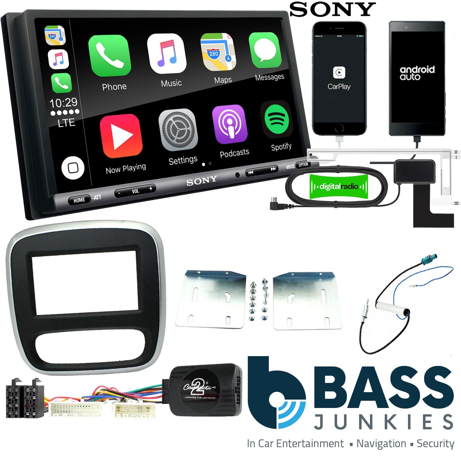 SONY DAB+ Apple | Android Double Din Stereo Fitting Kit + Steering Wheel Stalk Controls to fit Renault Trafic 2014-17