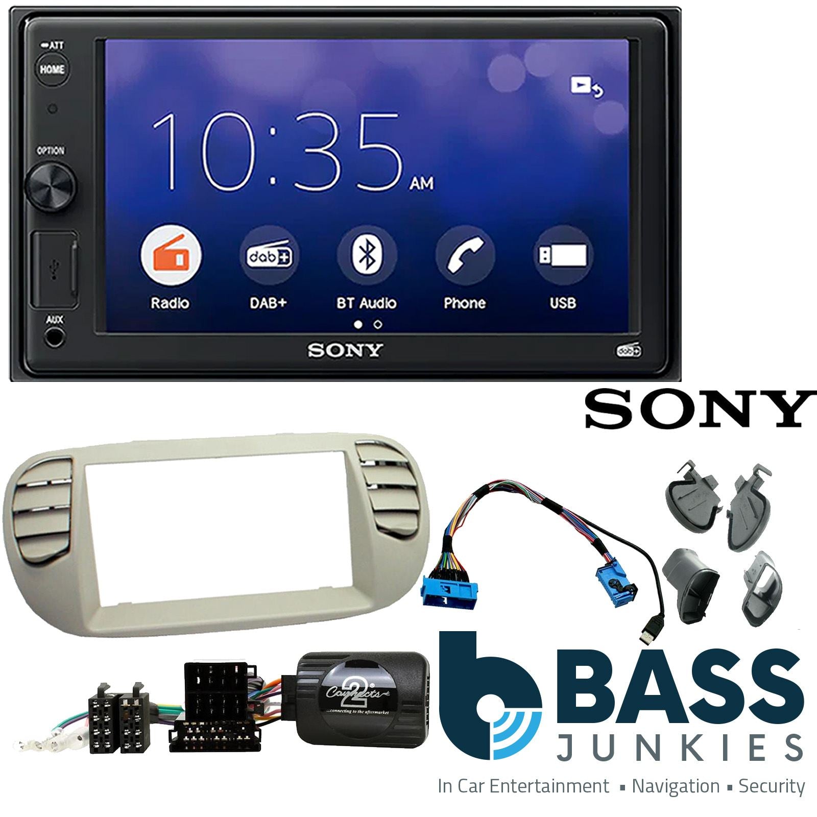 SONY XAV-1550D DAB+ Smart Bluetooth Car Radio + Stereo fitting kit + Steering Wheel Controls Loom for Fiat 500 2007-2015