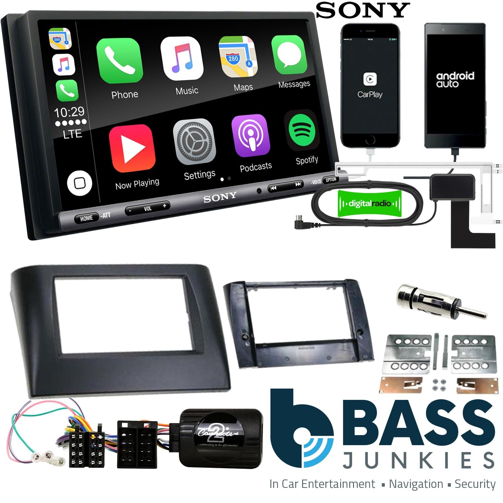 SONY DAB+ Apple | Android Double Din Stereo Fitting Kit + Steering Wheel Stalk Controls to fit Fiat Stilo 2001-08