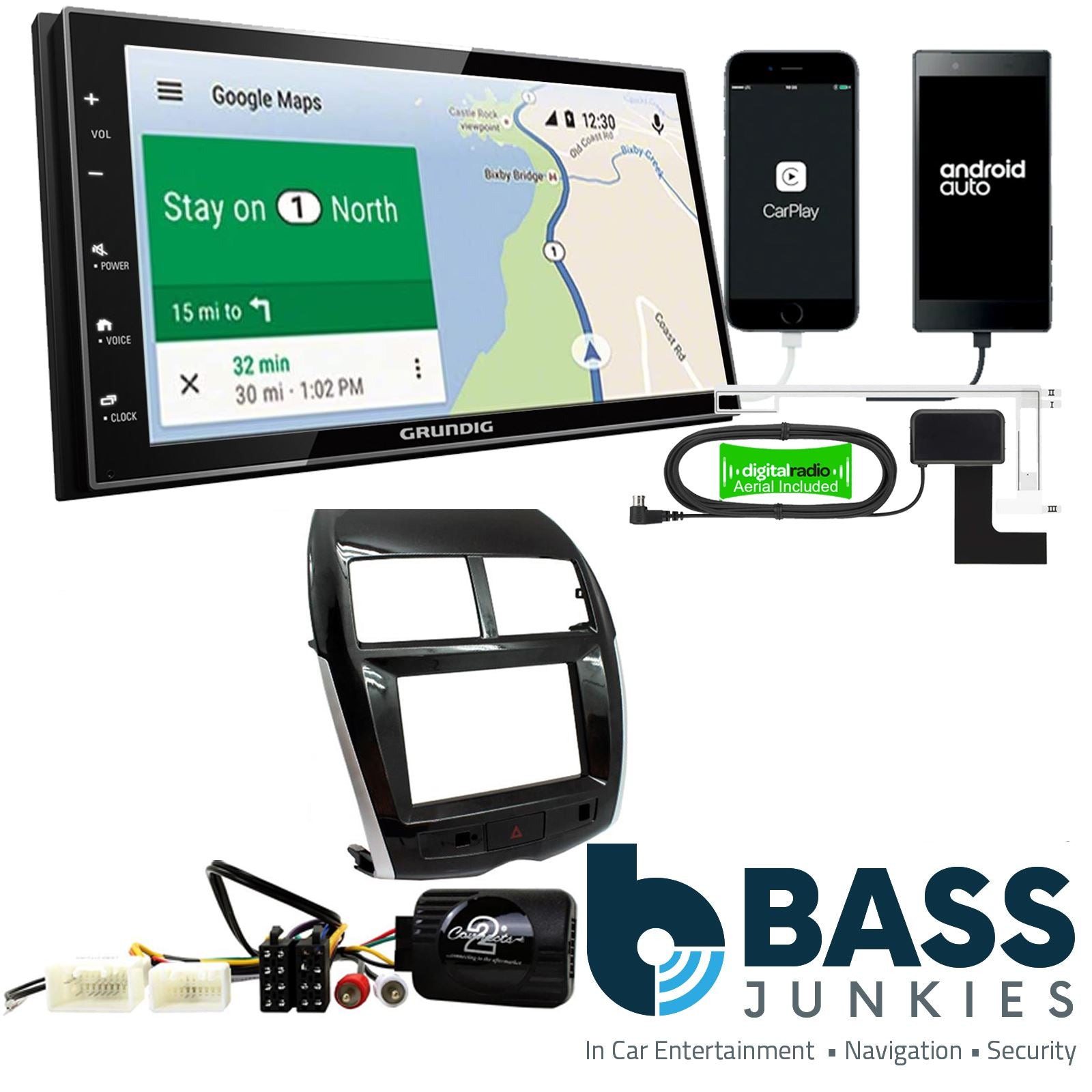 Grundig 6.8" Apple Android Double Din Stereo Fitting Kit + Steering Wheel Stalk Controls to fit Mitsubishi ASX 2014- | Peugeot 4008 2014-17 | Citroen C4-Aircross 2014-18