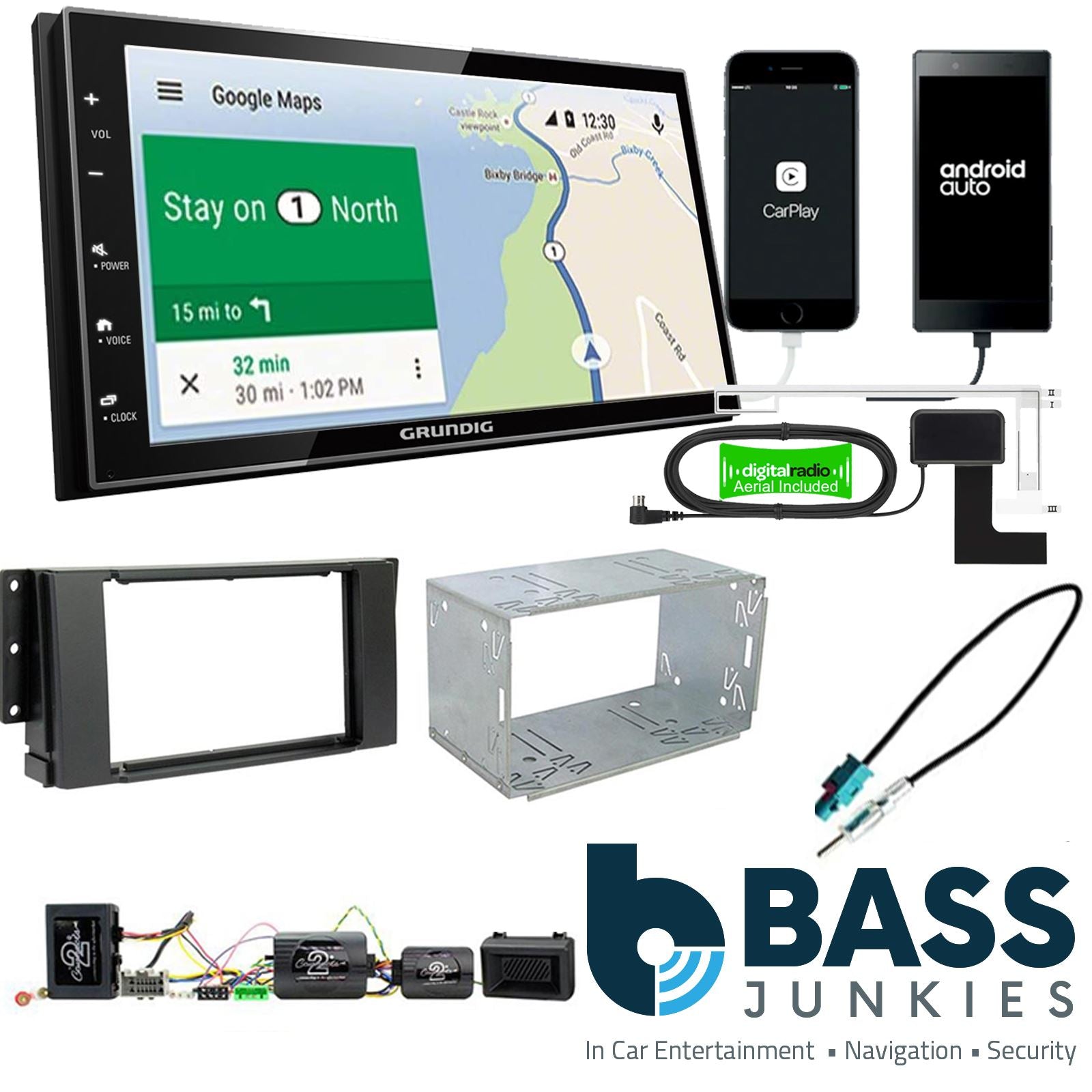 Grundig 6.8" Apple Android Double Din Stereo Fitting Kit + Steering Wheel Stalk Controls to fit Land Rover Freelander 06-14
