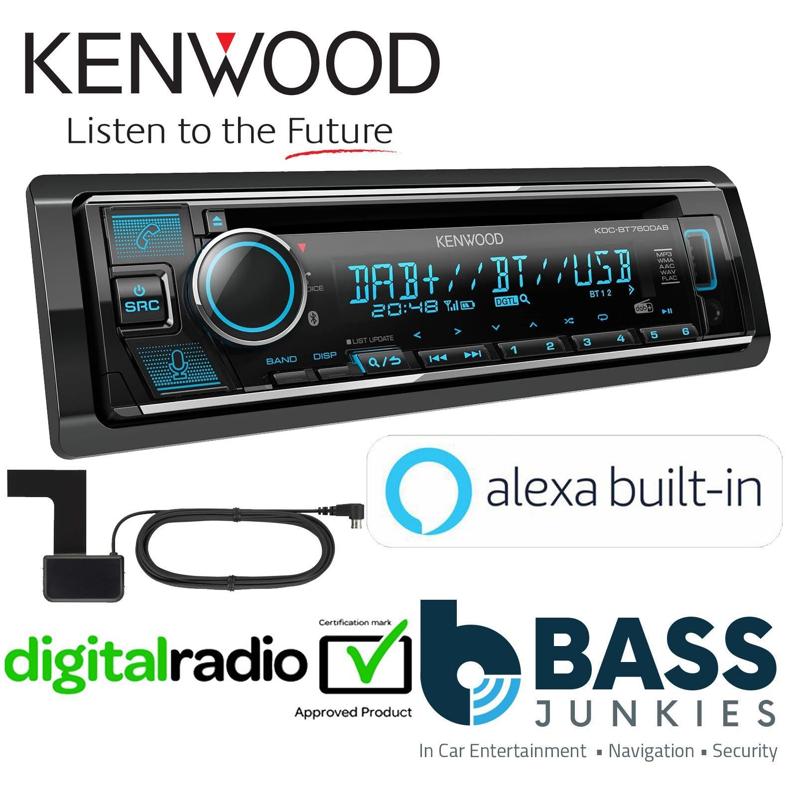 Kenwood KDC-BT760DAB - CD/MP3 DAB+ Bluetooth USB Alexa iphone 50 x 4 Watts Car Stereo Player & DAB Aerial