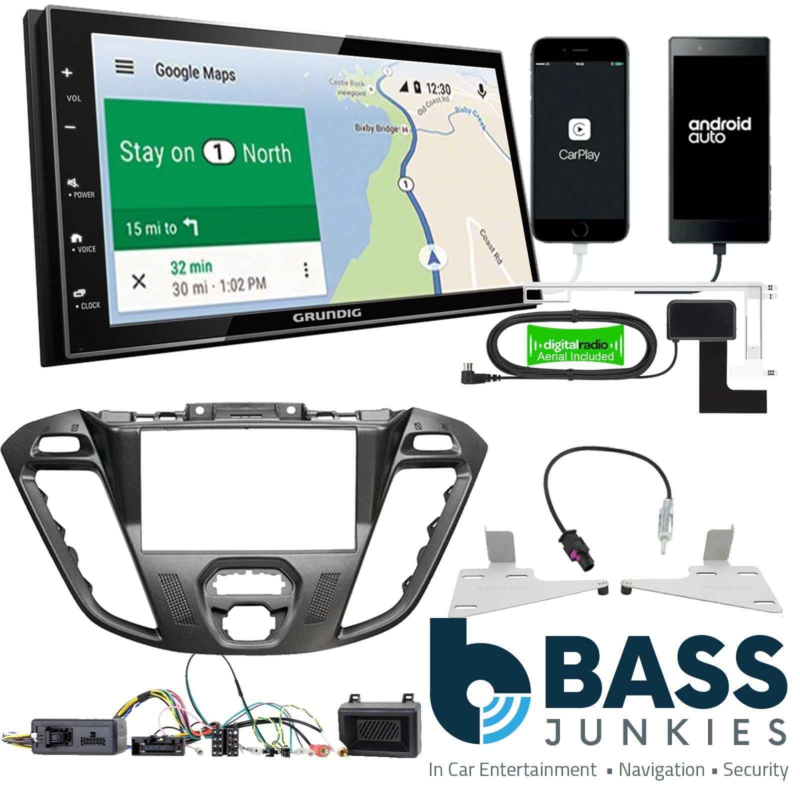 Grundig 6.8" Apple Android Double Din Stereo Fitting Kit + Steering Wheel Stalk Controls to fit Ford Transit-Custom 12-16