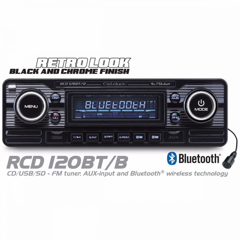 Caliber CALRCD120BT/B - Retro Style Bluetooth CD MP3 USB AUX SD Car Stereo Radio Player in Piano Black Finish
