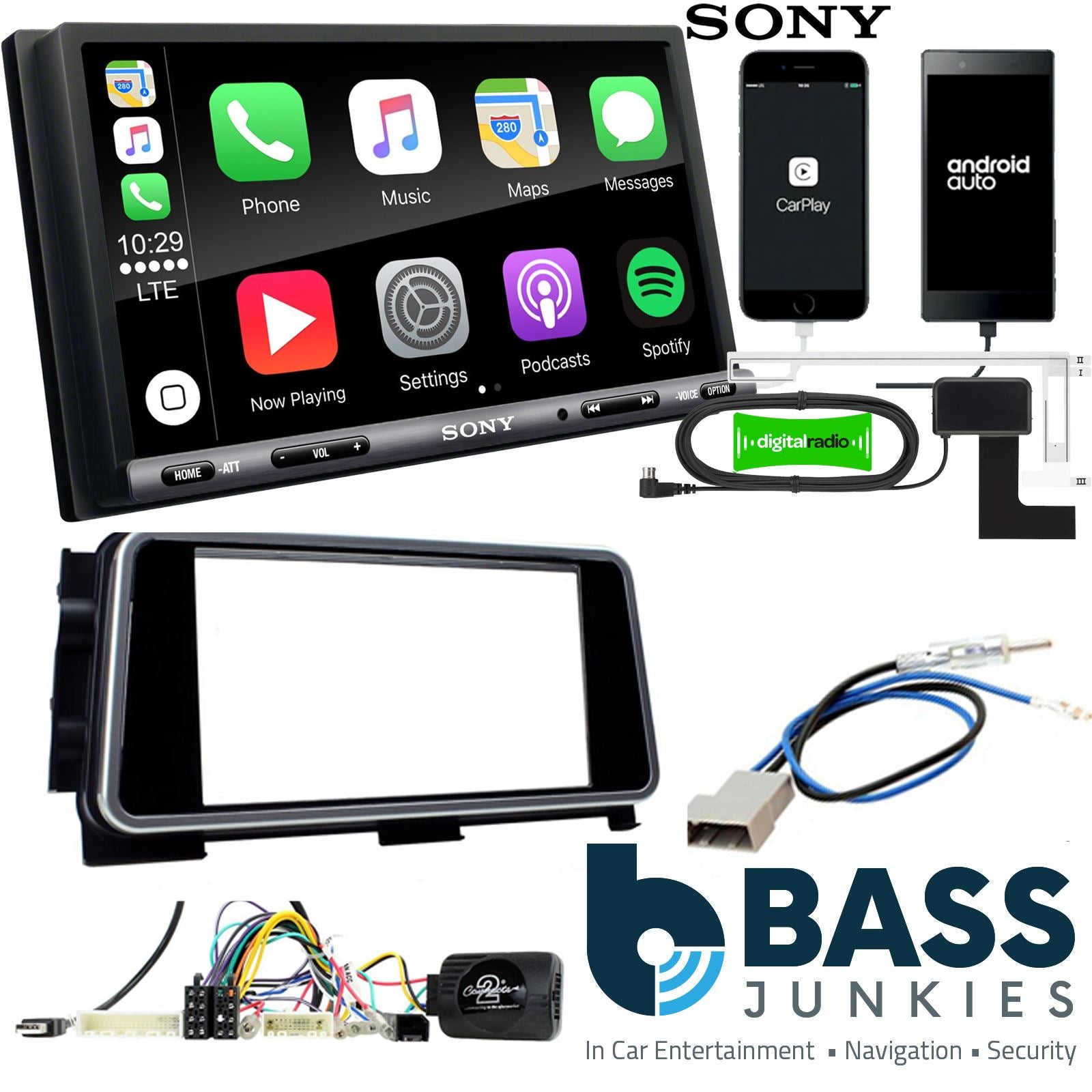 SONY DAB+ Apple | Android Double Din Stereo Fitting Kit + Steering Wheel Stalk Controls to fit Nissan Micra 2020-21