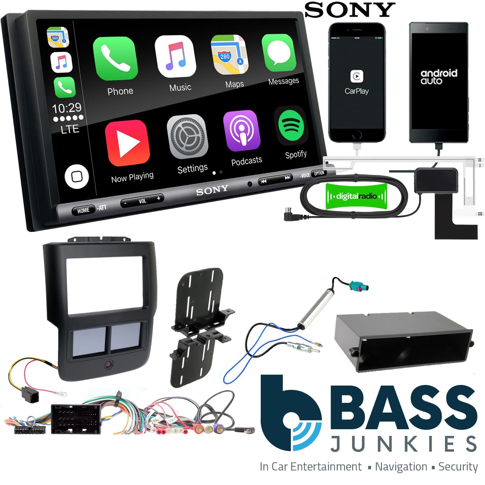 SONY DAB+ Apple | Android Double Din Stereo Fitting Kit + Steering Wheel Stalk Controls to fit Dodge Ram 2013-21