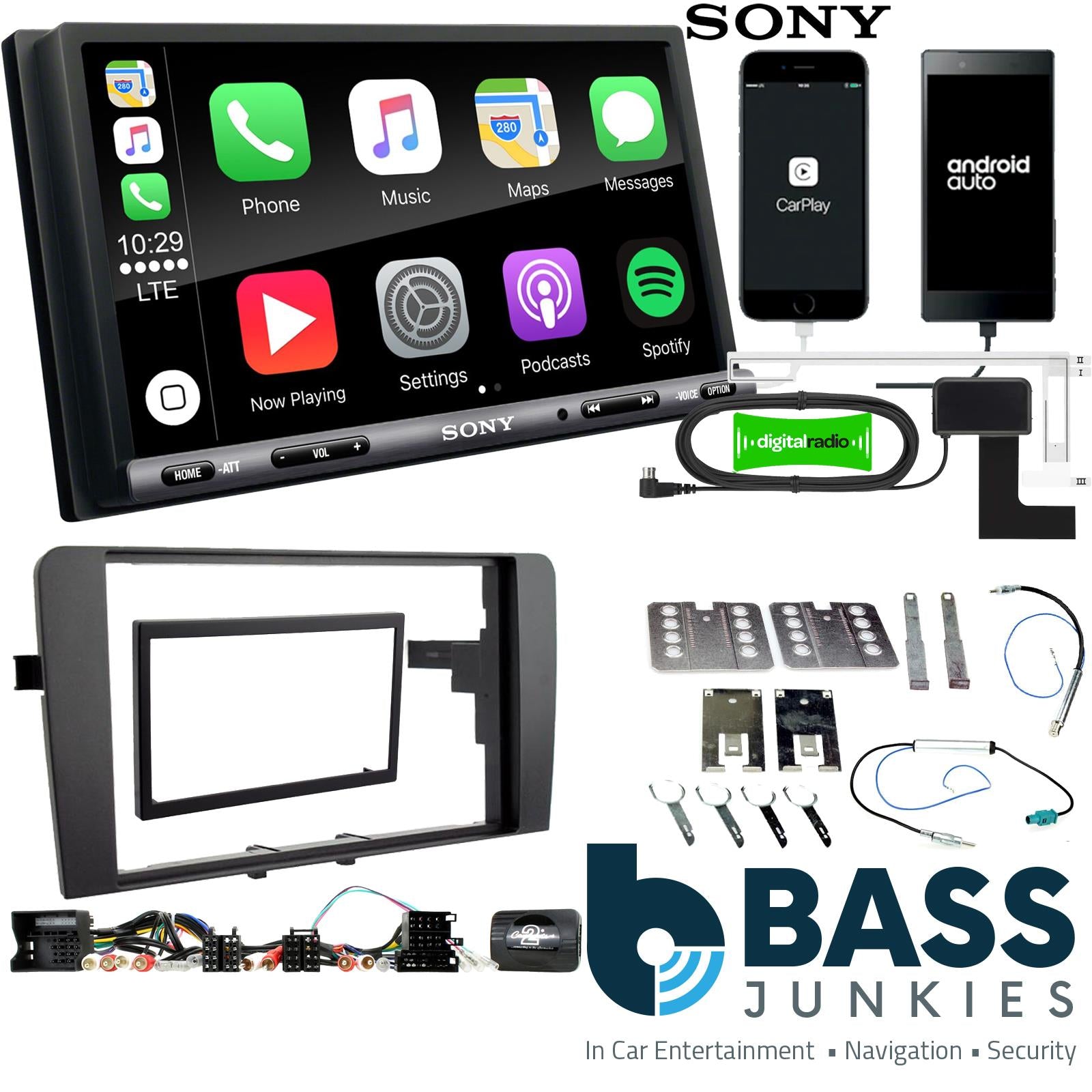 SONY DAB+ Apple | Android Double Din Stereo Fitting Kit + Steering Wheel Stalk Controls to fit Audi A3 2003-12