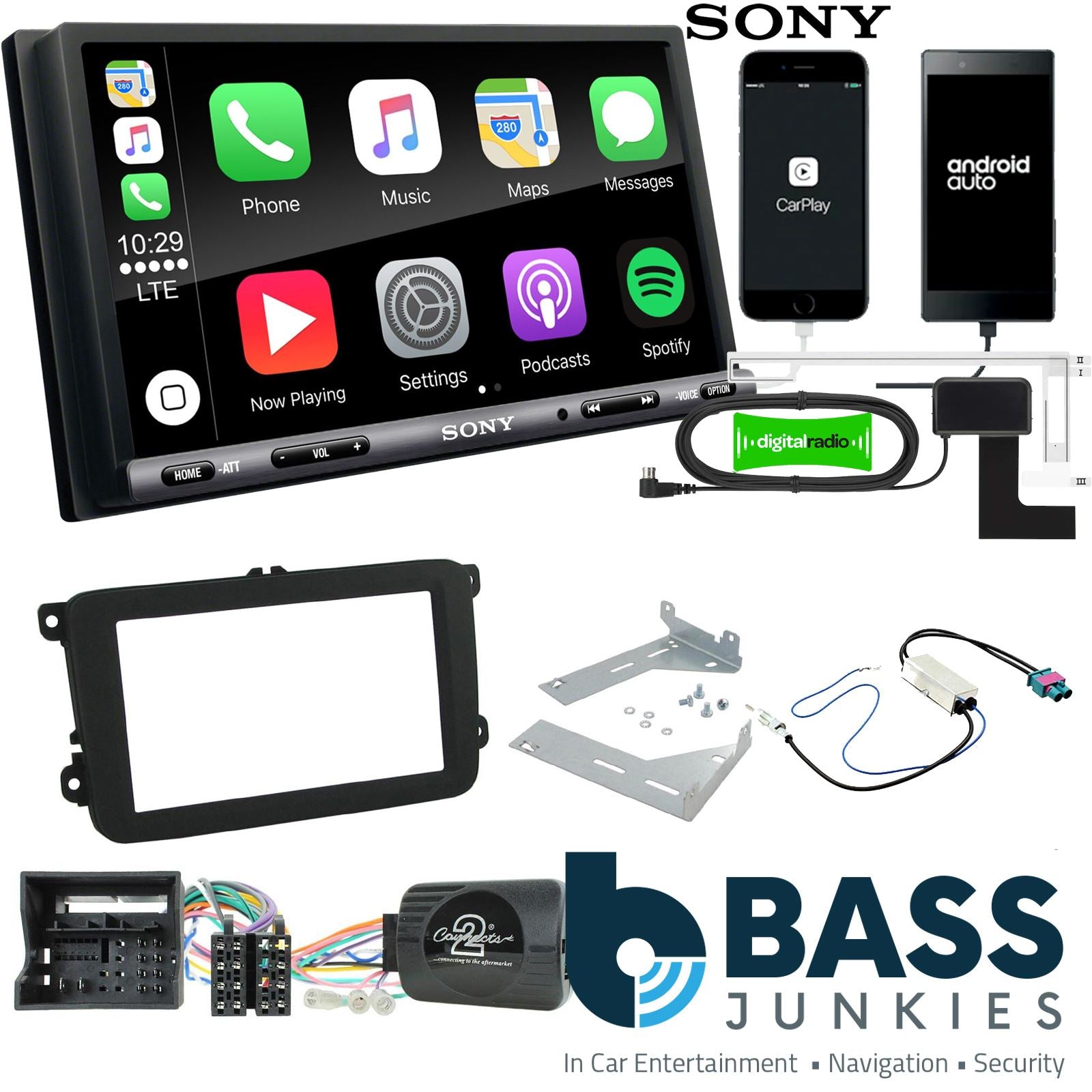 SONY DAB+ Apple | Android Double Din Stereo & Fitting Kit + Steering Wheel Stalk Controls to fit VW Caddy 15-20 | Transporter T6 15- | Beetle 15- | Jetta 11-18 | Tiguan 15-20 | Sharan 15-21
