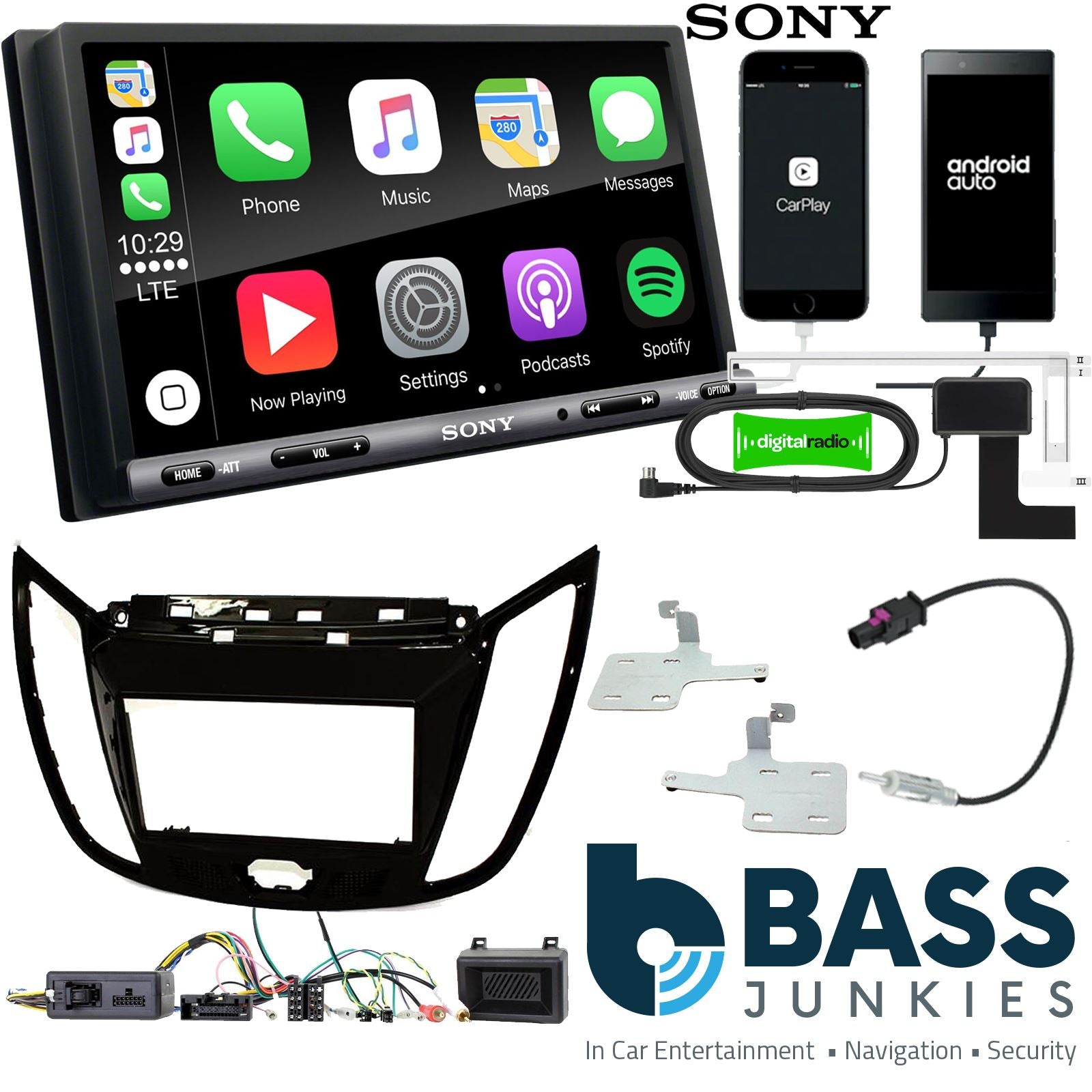 SONY DAB+ Apple | Android Double Din Stereo Fitting Kit + Steering Wheel Stalk Controls to fit Ford C-Max 2010-
