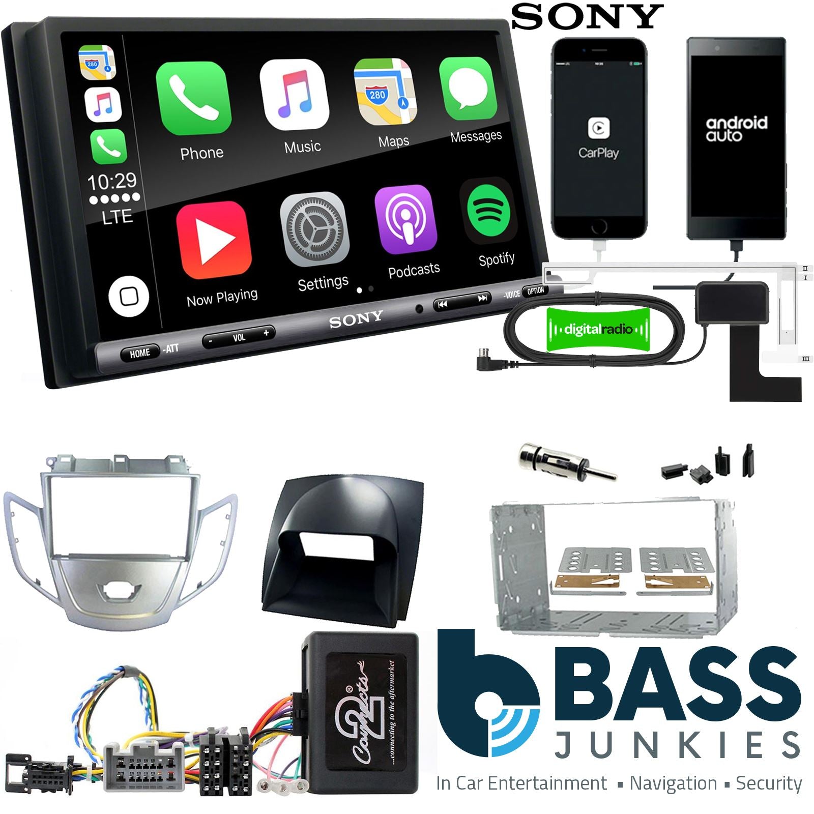 SONY DAB+ Apple | Android Double Din Stereo Fitting Kit + Steering Wheel Stalk Controls to fit Ford Fiesta 2010-12
