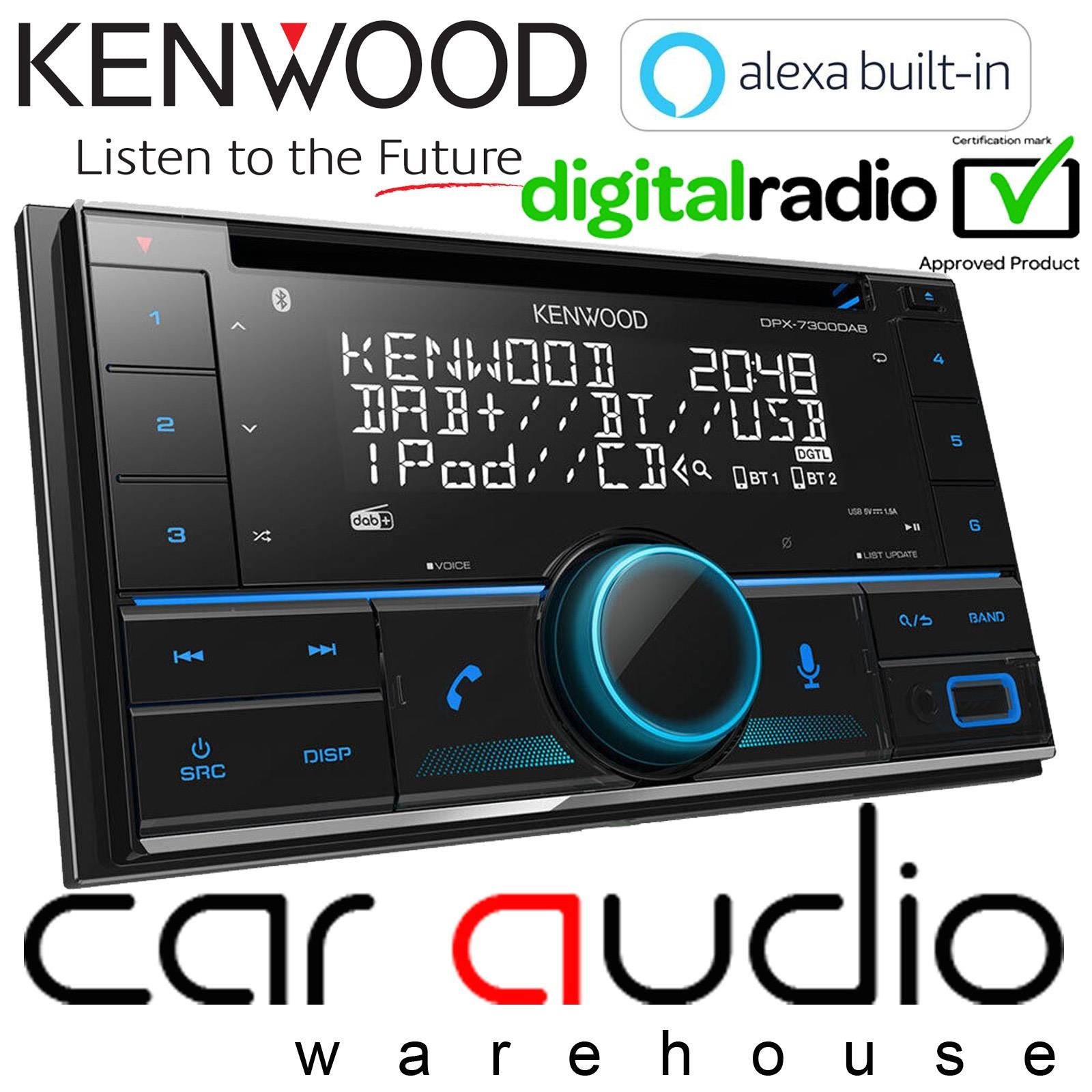 Kenwood DPX-7300DAB Double Din Bluetooth DAB USB iPhone Alexa Android Car Stereo