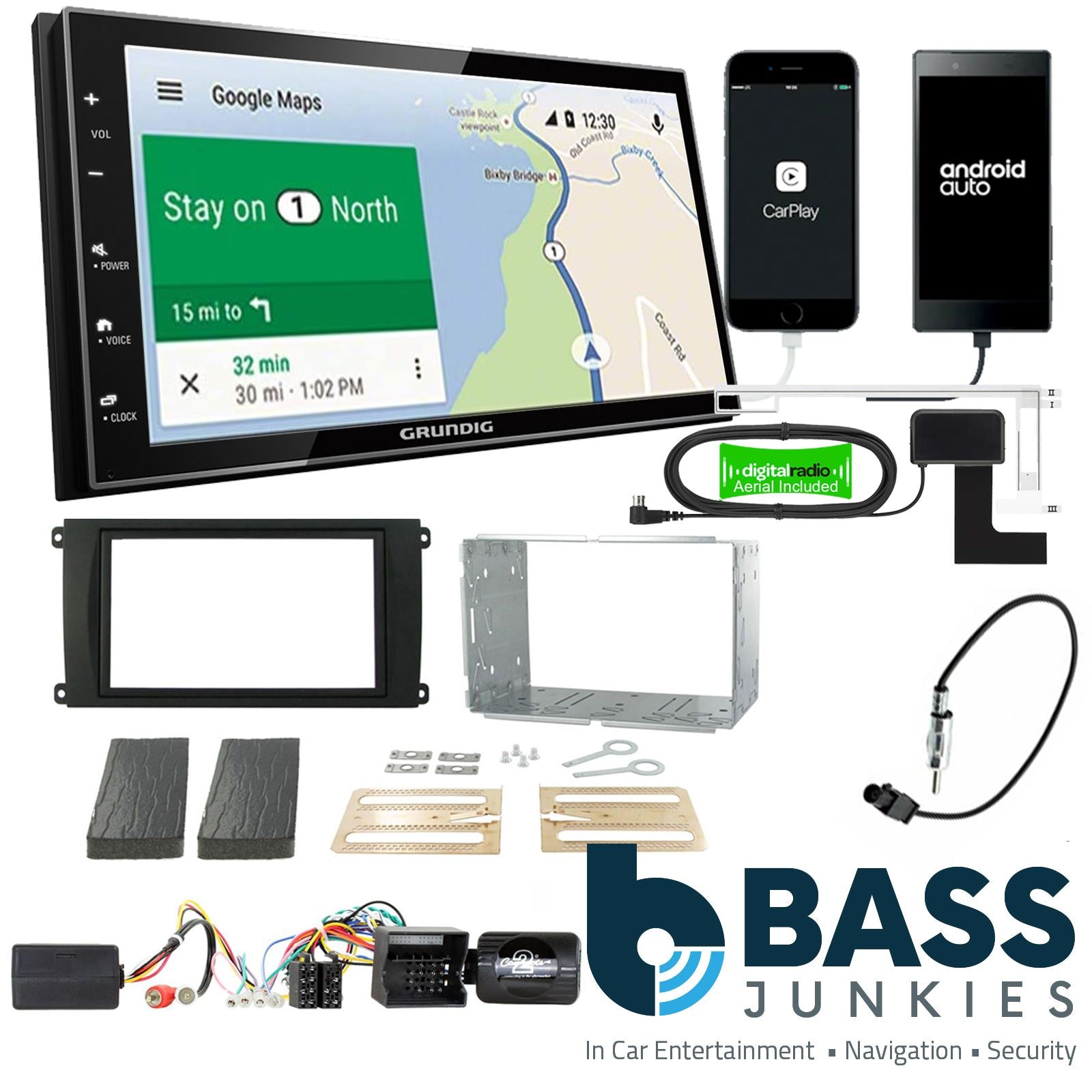 Grundig 6.8" Apple Android Double Din Stereo Fitting Kit + Steering Wheel Stalk Controls to fit Porsche Cayenne 2007-10