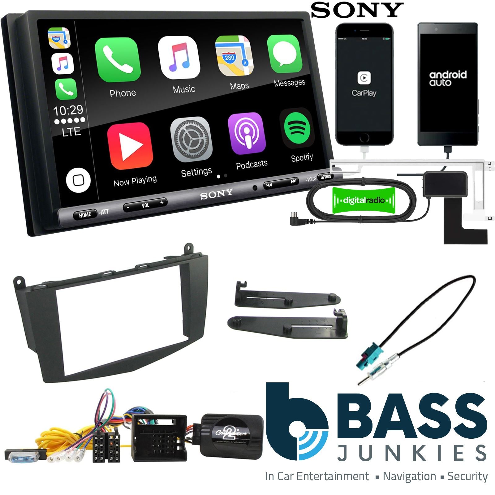 SONY DAB+ Apple | Android Double Din Stereo Fitting Kit + Steering Wheel Stalk Controls to fit Mercedes C-Class 2007-11
