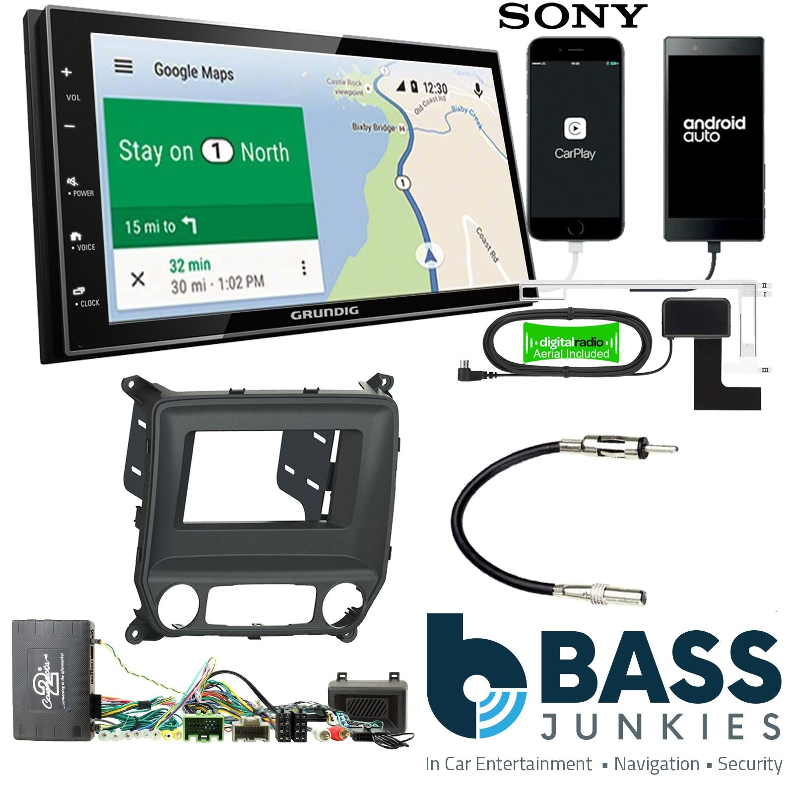 Grundig 6.8" Apple Android Double Din Stereo Fitting Kit + Steering Wheel Stalk Controls to fit Chevrolet Silverado 14-