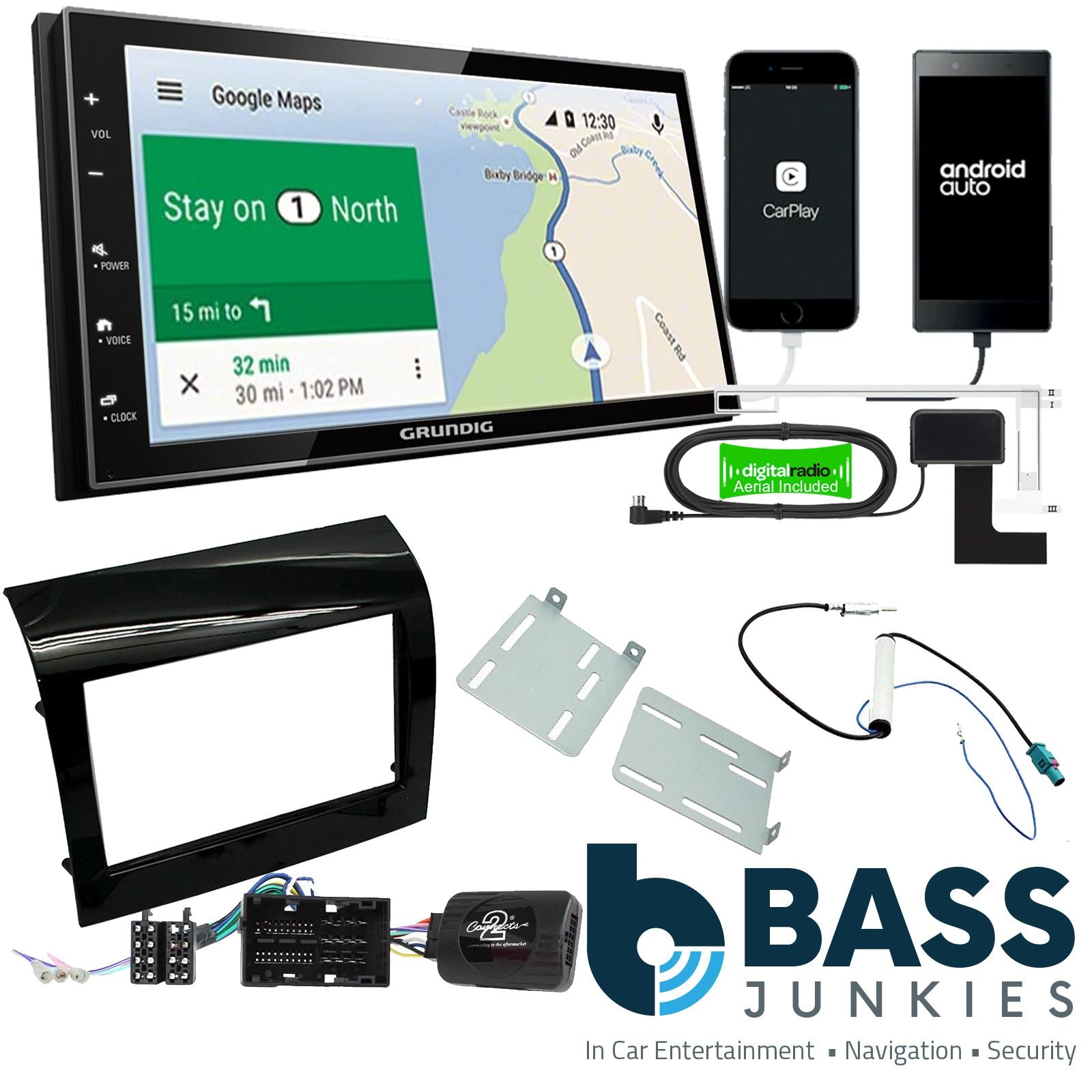 Grundig 6.8" Apple Android Double Din Stereo Fitting Kit + Steering Wheel Stalk Controls to fit Fiat Ducato 2015-21