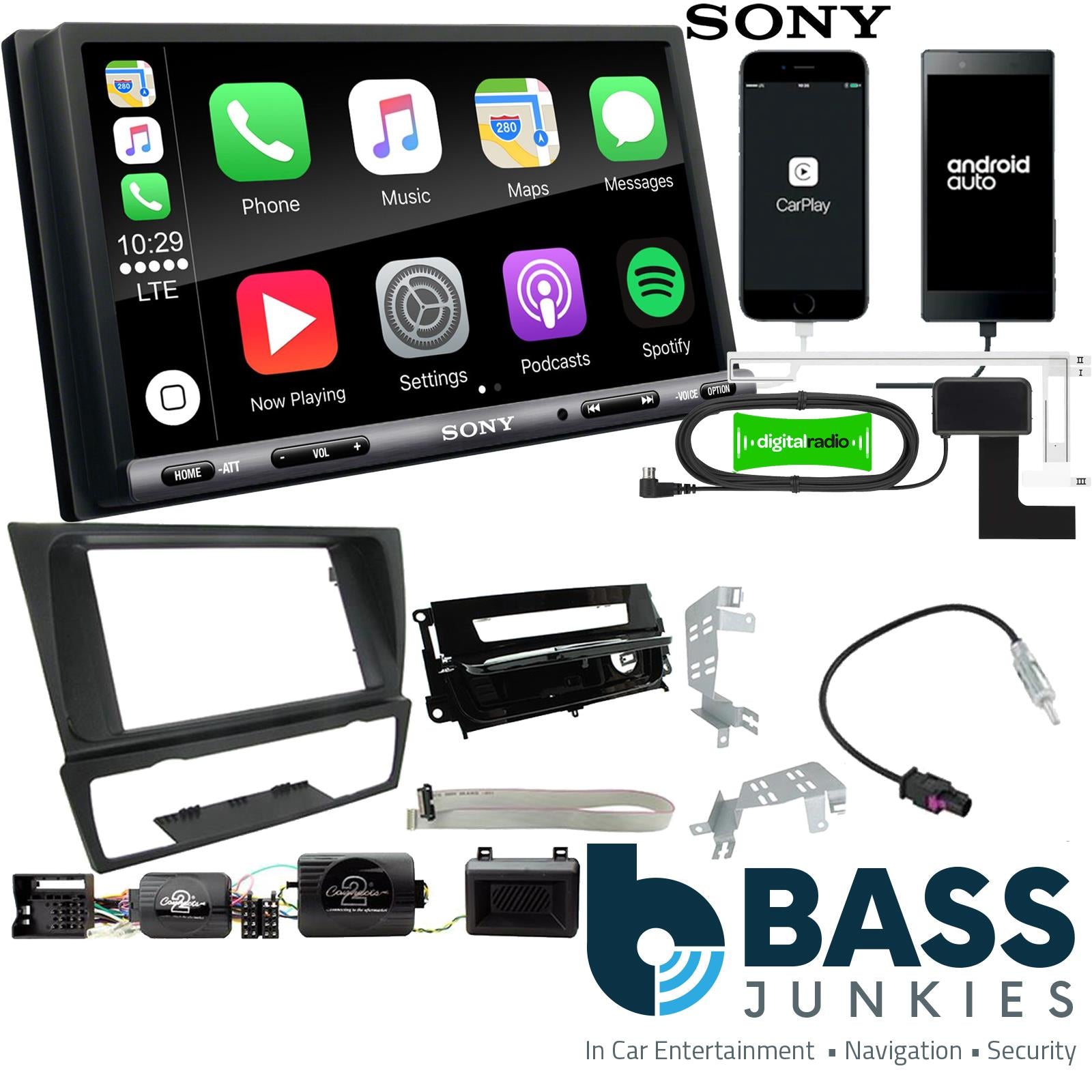 SONY DAB+ Apple | Android Double Din Stereo Fitting Kit + Steering Wheel Stalk Controls to fit BMW 3-Series 2005-12