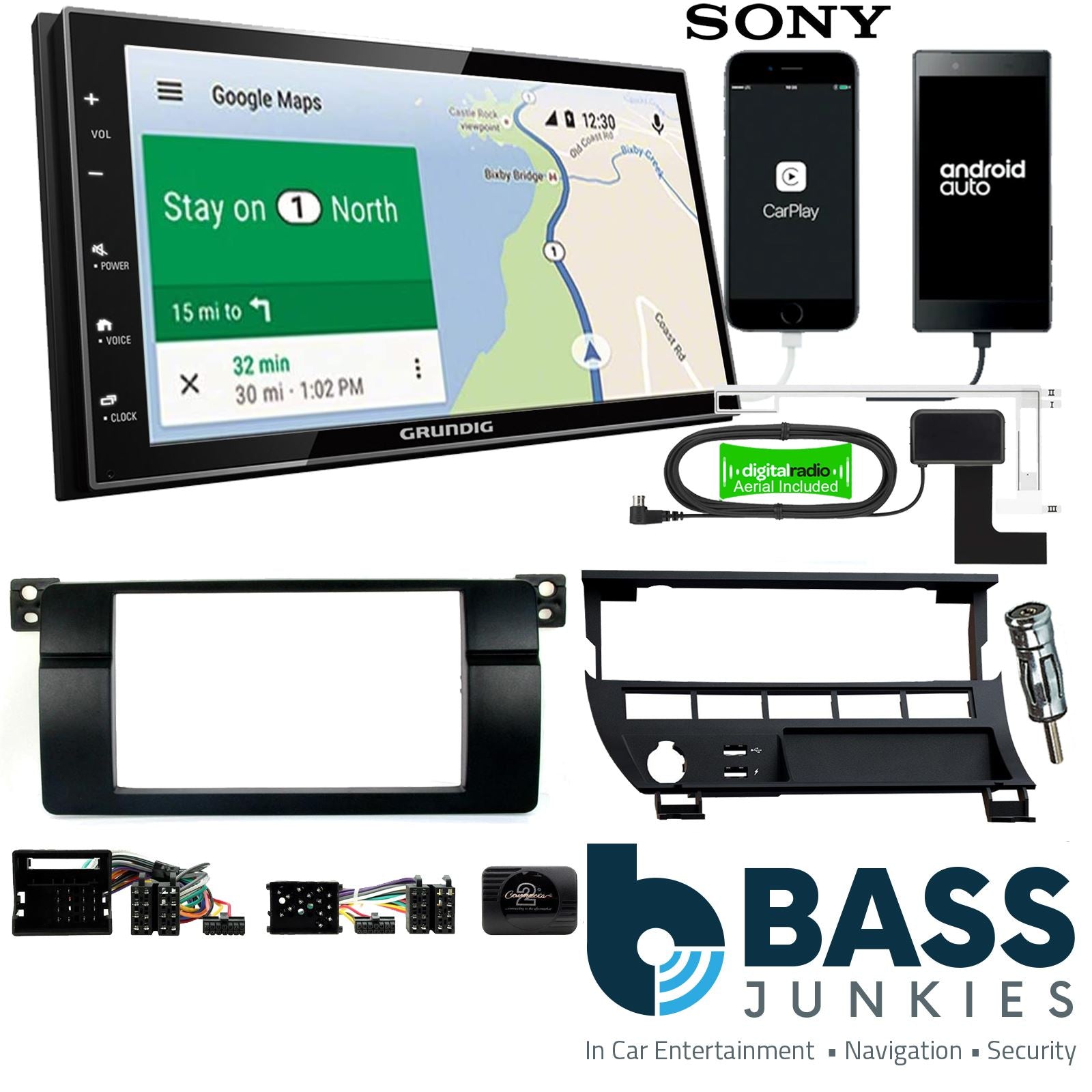 Grundig 6.8" Apple Android Double Din Stereo Fitting Kit + Steering Wheel Stalk Controls to fit BMW 3-Series 1998-05
