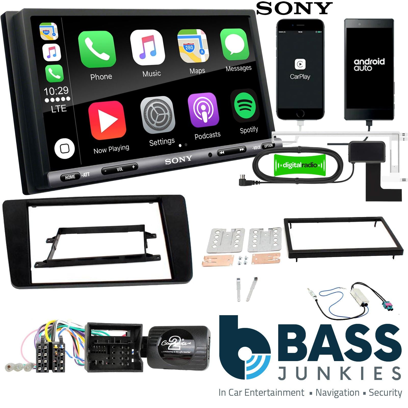SONY DAB+ Apple | Android Double Din Stereo Fitting Kit + Steering Wheel Stalk Controls to fit Skoda Yeti 2014-17