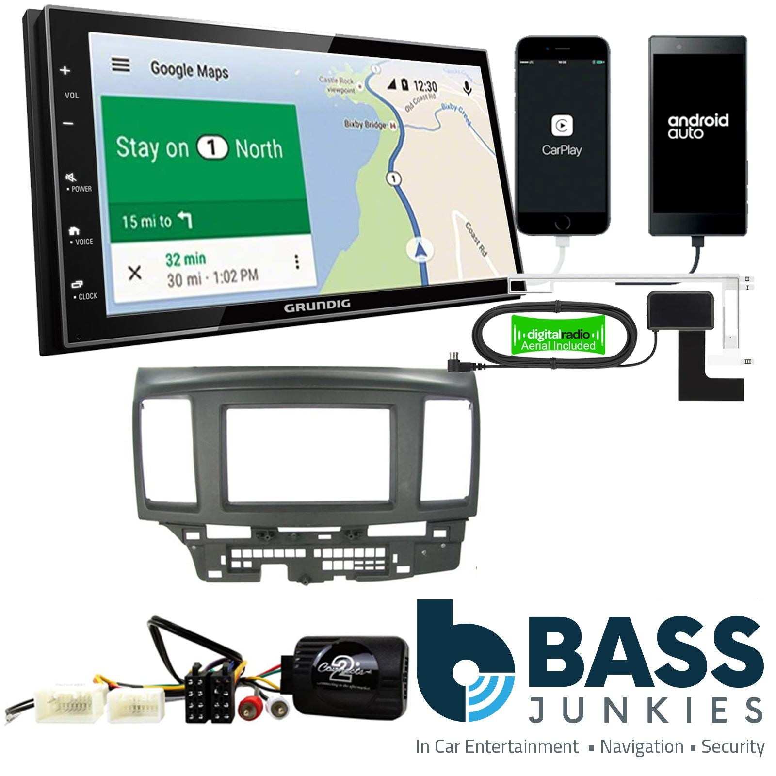 Grundig 6.8" Apple Android Double Din Stereo Fitting Kit + Steering Wheel Stalk Controls to fit Mitsubishi Lancer 2008-10