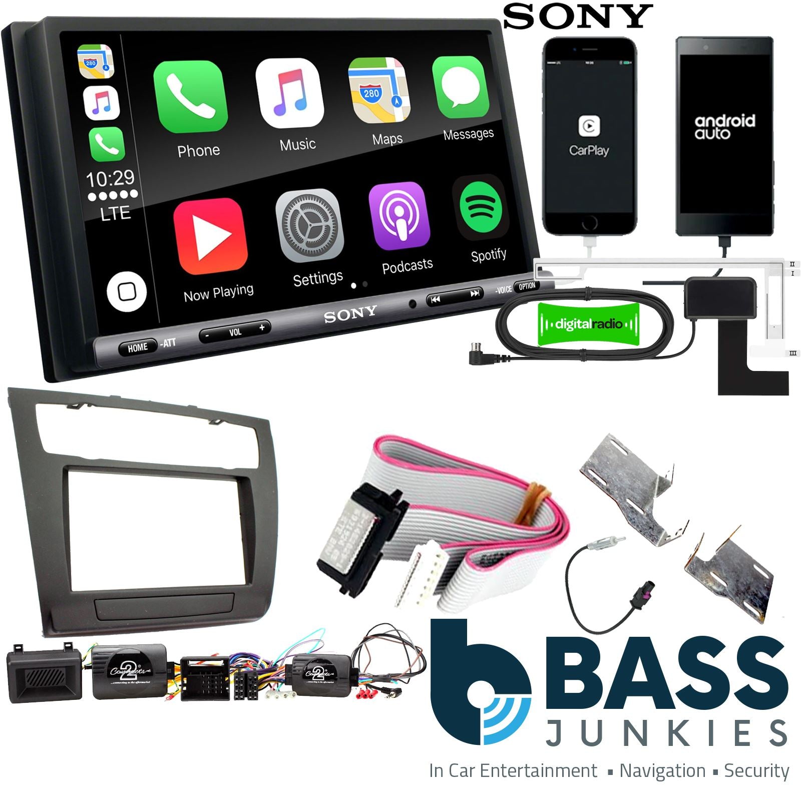 SONY DAB+ Apple | Android Double Din Stereo Fitting Kit + Steering Wheel Stalk Controls to fit BMW 1-Series 2007-13