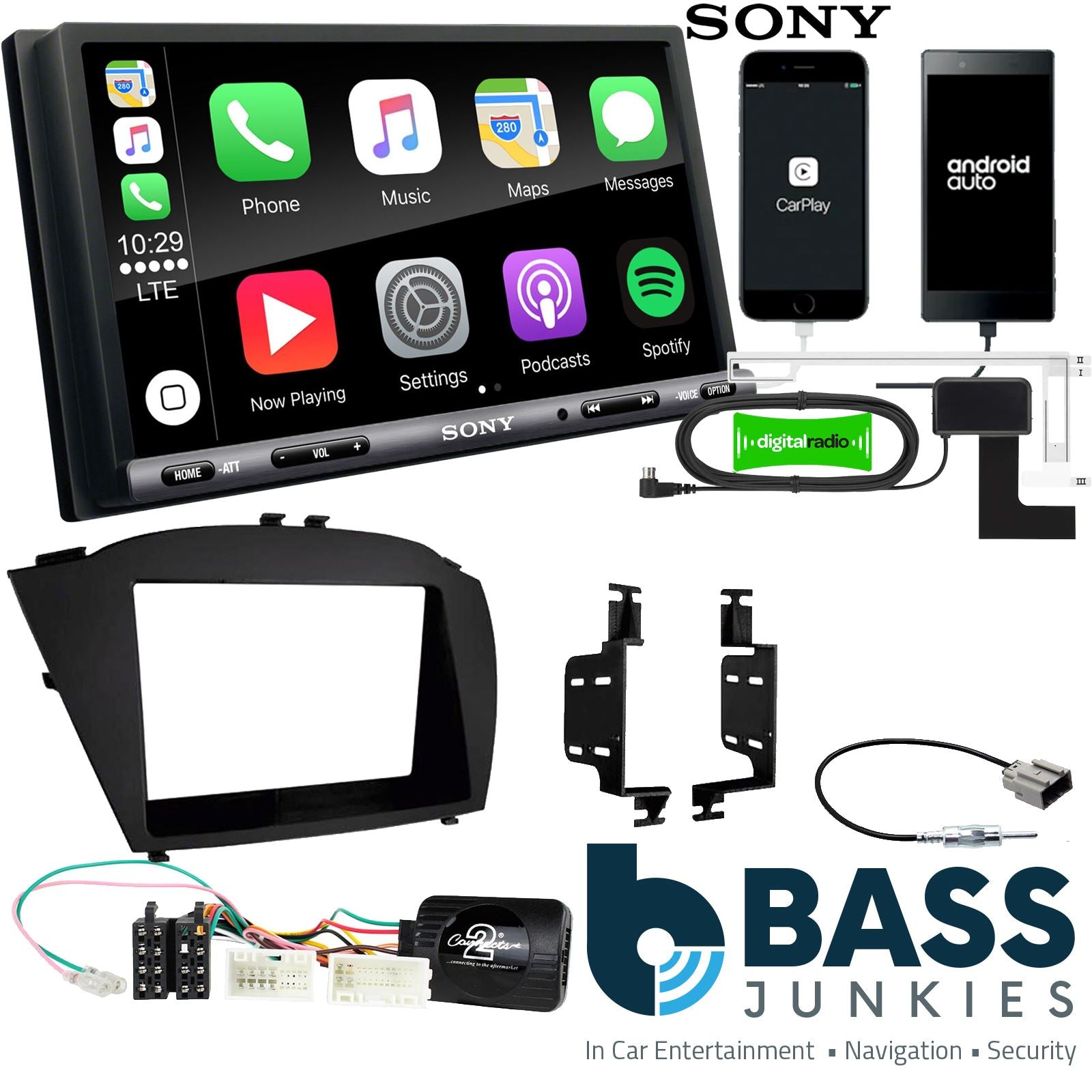 SONY DAB+ Apple | Android Double Din Stereo Fitting Kit + Steering Wheel Stalk Controls to fit Hyundai ix35 2014-15
