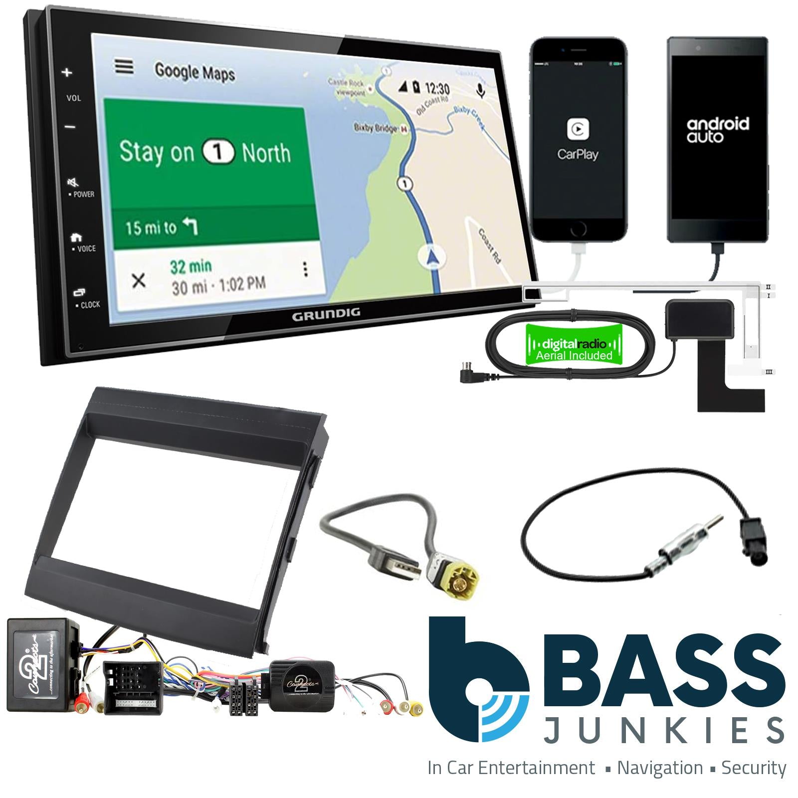 Grundig 6.8" Apple Android Double Din Stereo Fitting Kit + Steering Wheel Stalk Controls to fit Porsche Cayenne 2011-16