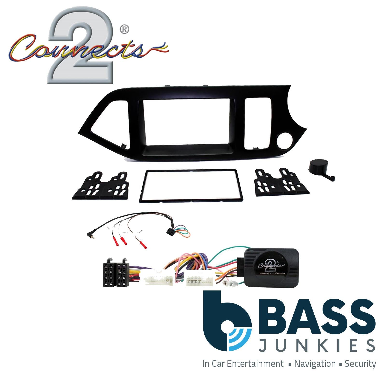 Connects 2 CTKKI25 - KIA Picanto 2011 - 2016 Double Din Facia & Steering wheel Interface Fitting Installation Kit (Black Facia Panel)