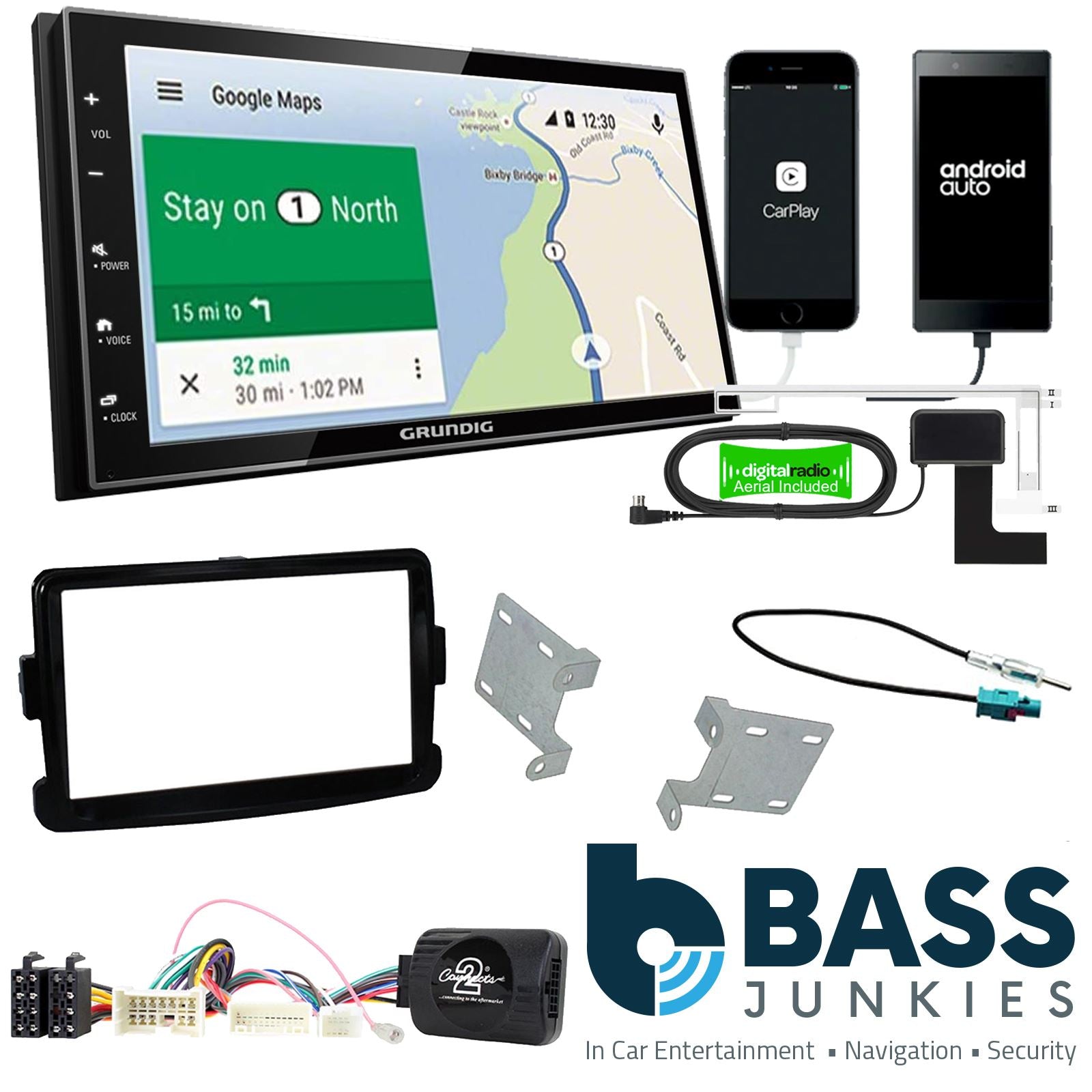 Grundig 6.8" Apple Android Double Din Stereo Fitting Kit + Steering Wheel Stalk Controls to fit Dacia Duster 2012-17 | Dacia Sandero 2012-16