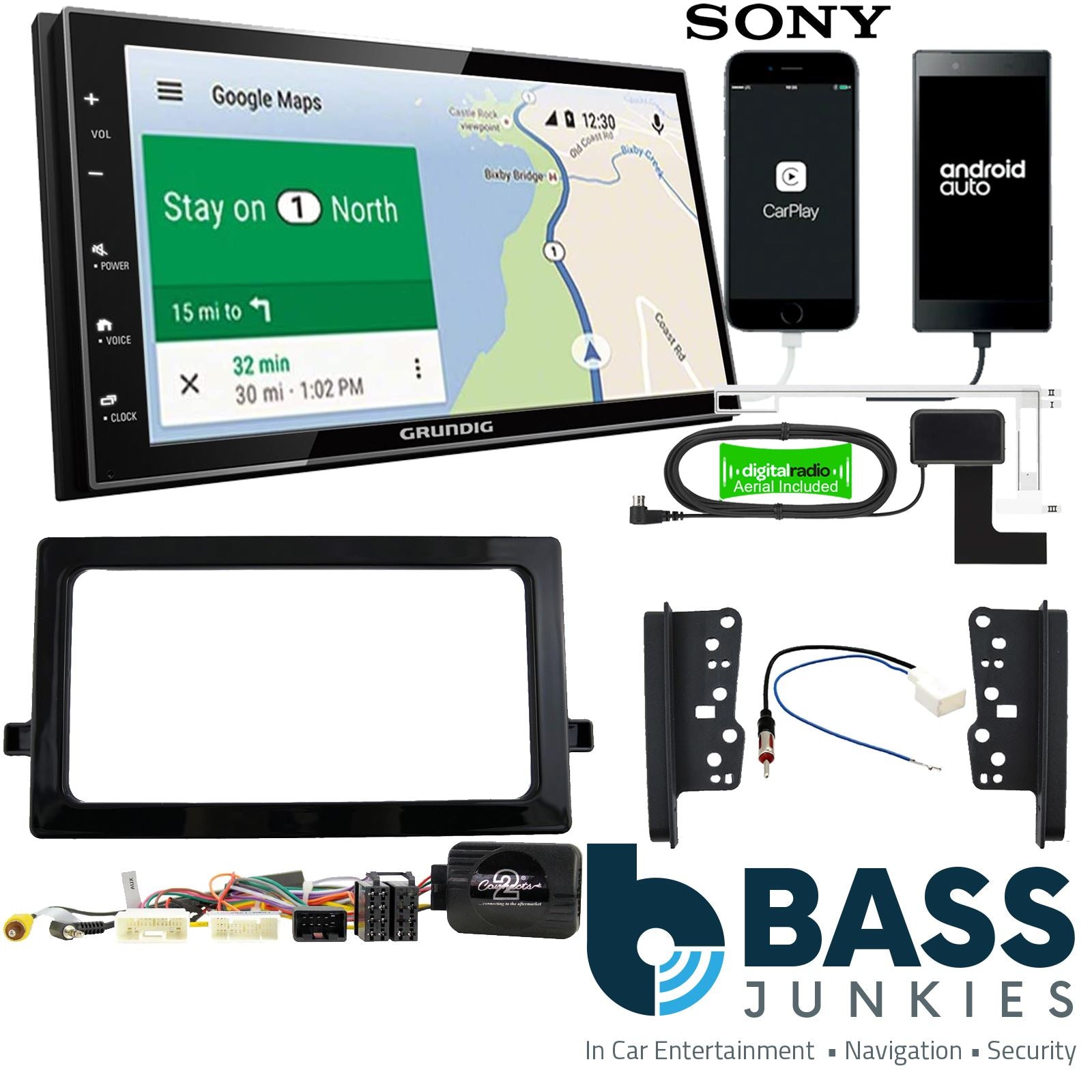 Grundig 6.8" Apple Android Double Din Stereo Fitting Kit + Steering Wheel Stalk Controls to fit Toyota Prius 2016-