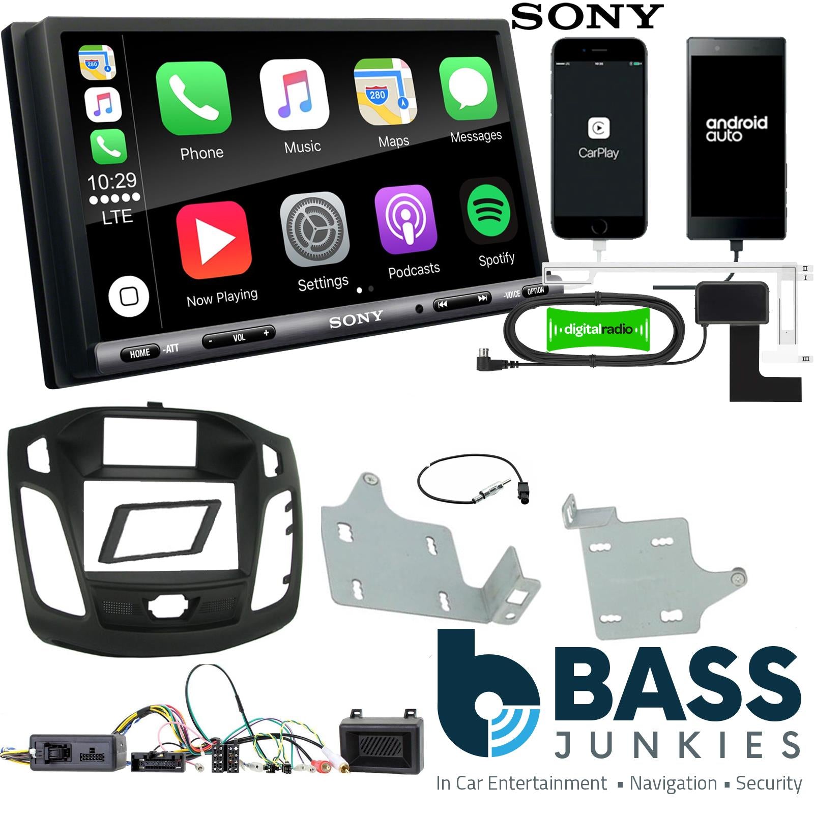 SONY DAB+ Apple | Android Double Din Stereo Fitting Kit + Steering Wheel Stalk Controls to fit Ford Focus 2011-15