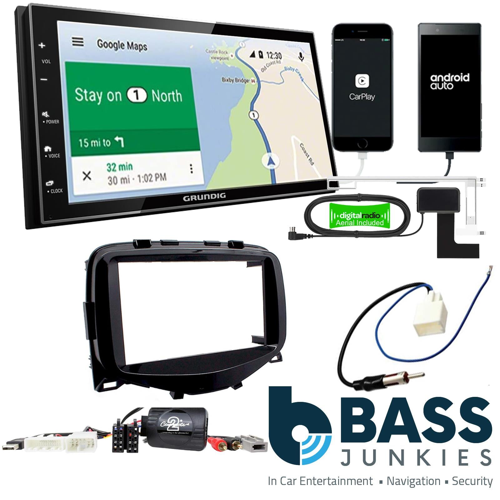 Grundig 6.8" Apple Android Double Din Stereo Fitting Kit + Steering Wheel Stalk Controls to fit Peugeot 108 2014-21