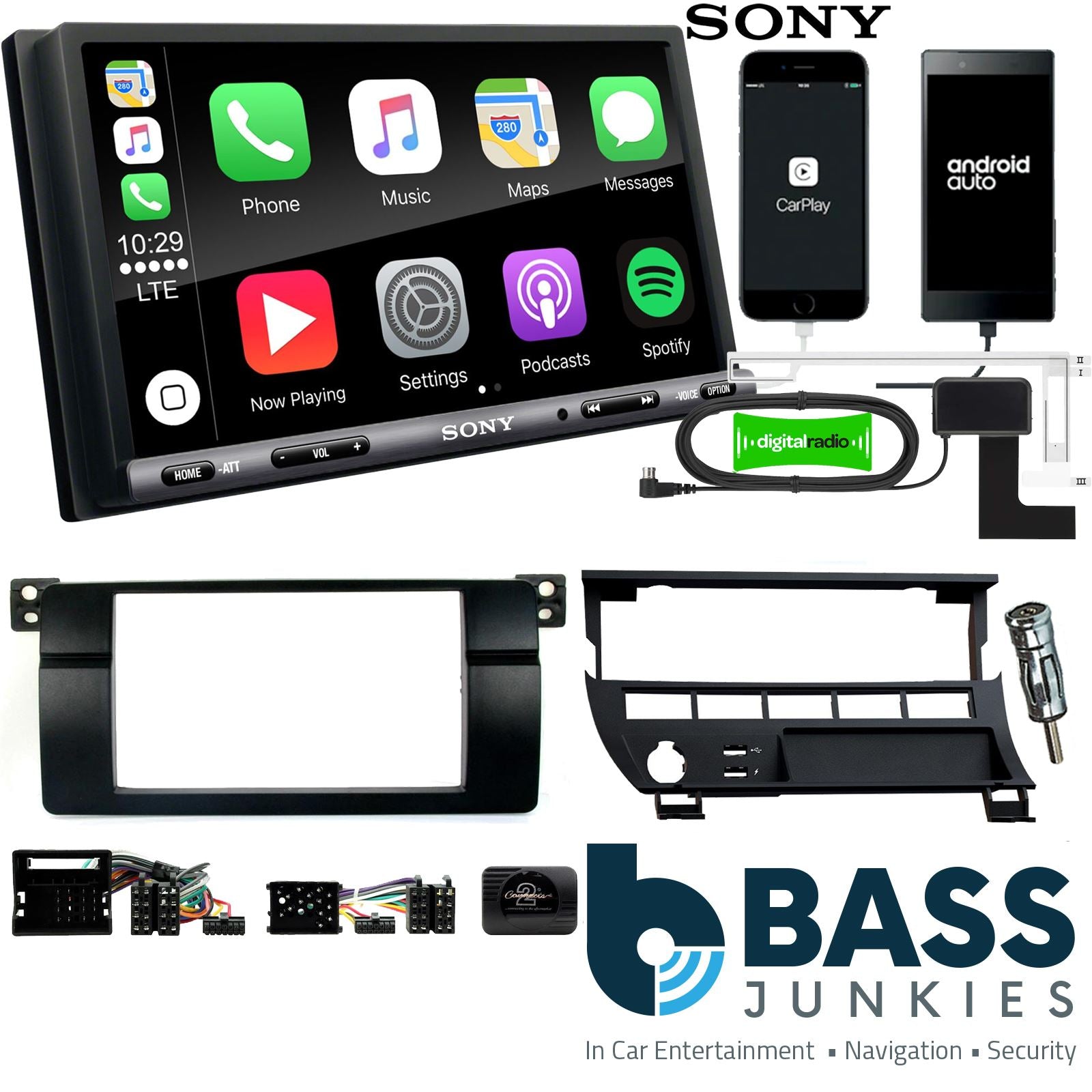 SONY DAB+ Apple | Android Double Din Stereo Fitting Kit + Steering Wheel Stalk Controls to fit BMW 3-Series 1998-05