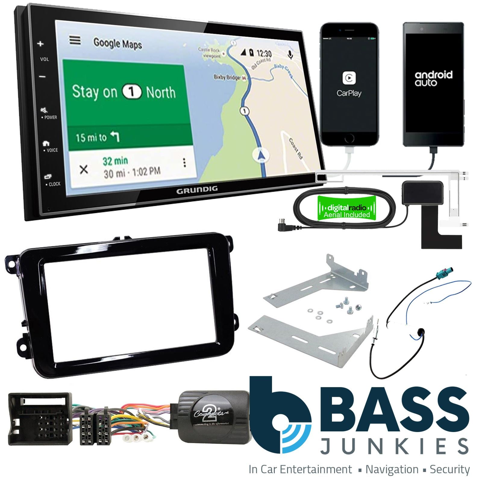 Grundig 6.8" Apple Android Double Din Stereo Fitting Kit + Steering Wheel Stalk Controls to fit VW EOS 2006-16 | VW Tiguan 2007-15 | VW Golf 2003-13