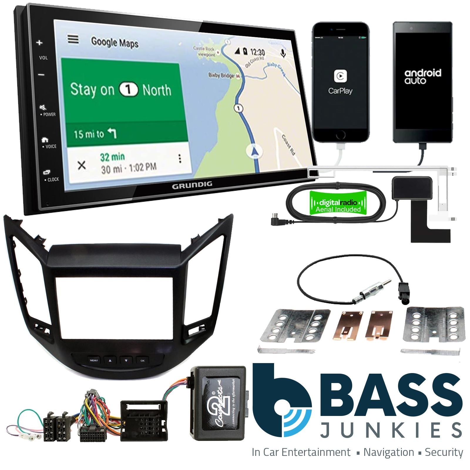 Grundig 6.8" Apple Android Double Din Stereo Fitting Kit + Steering Wheel Stalk Controls to fit Chevrolet Spark 2013-15
