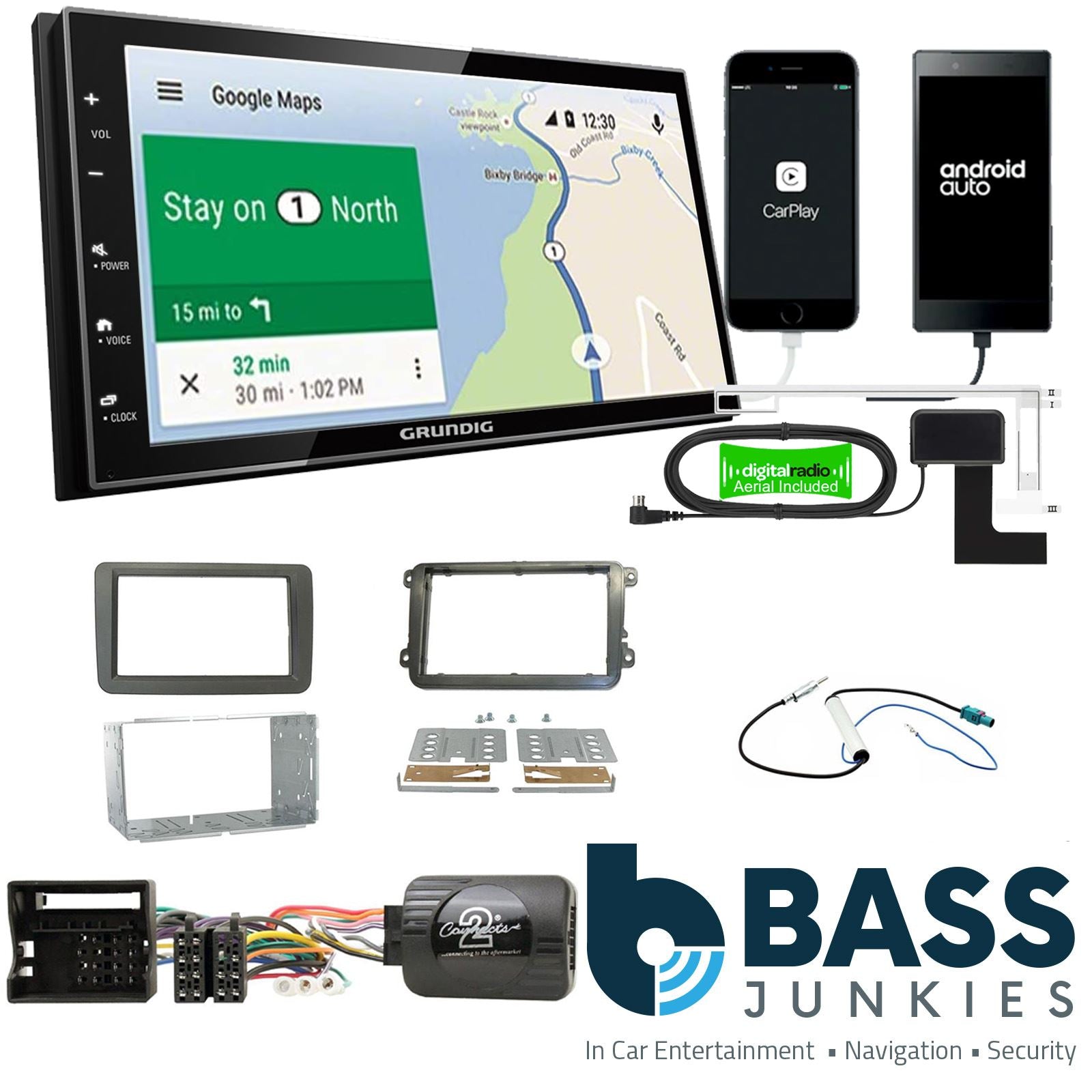 Grundig 6.8" Apple Android Double Din Stereo & Fitting Kit + Steering Wheel Stalk Controls to fit VW Passat 05-15 | Golf 03-13 | Touran 06-15 | Transporter 09-15 | Polo 09-14 | Jetta 05-15 | EOS 06-15