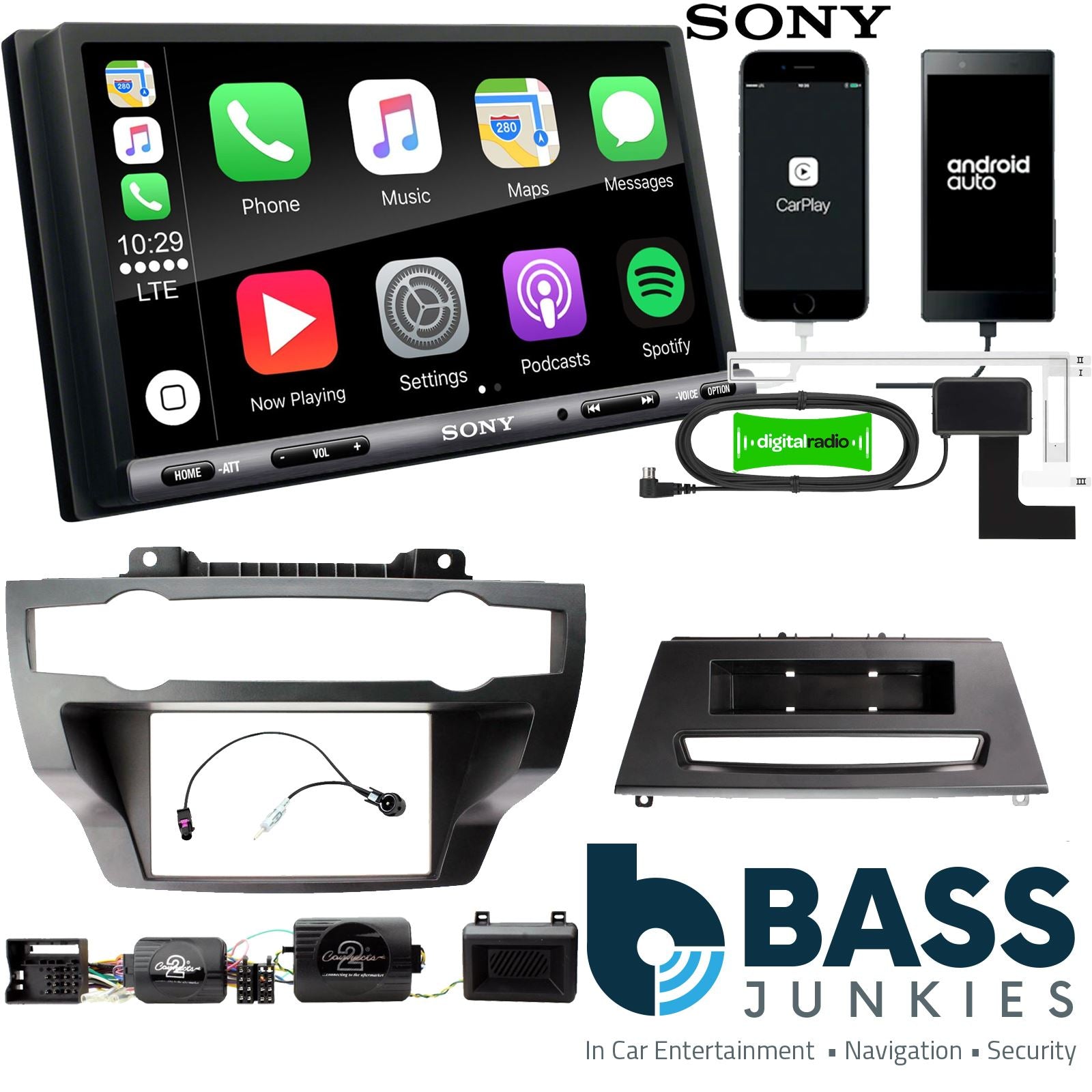 SONY DAB+ Apple | Android Double Din Stereo Fitting Kit + Steering Wheel Stalk Controls to fit BMW X5 2007-13 | BMW X6 2008-14