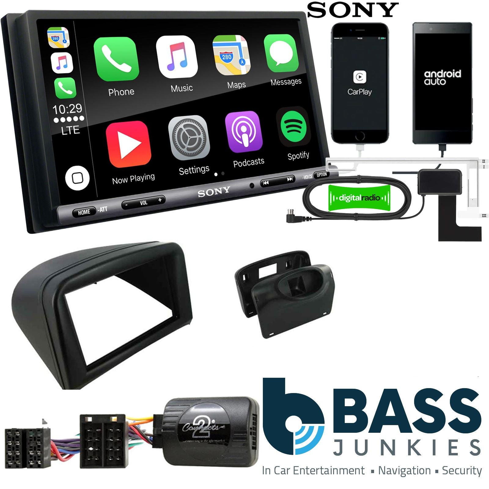 SONY DAB+ Apple | Android Double Din Stereo Fitting Kit + Steering Wheel Stalk Controls to fit Peugeot 206 2002-09