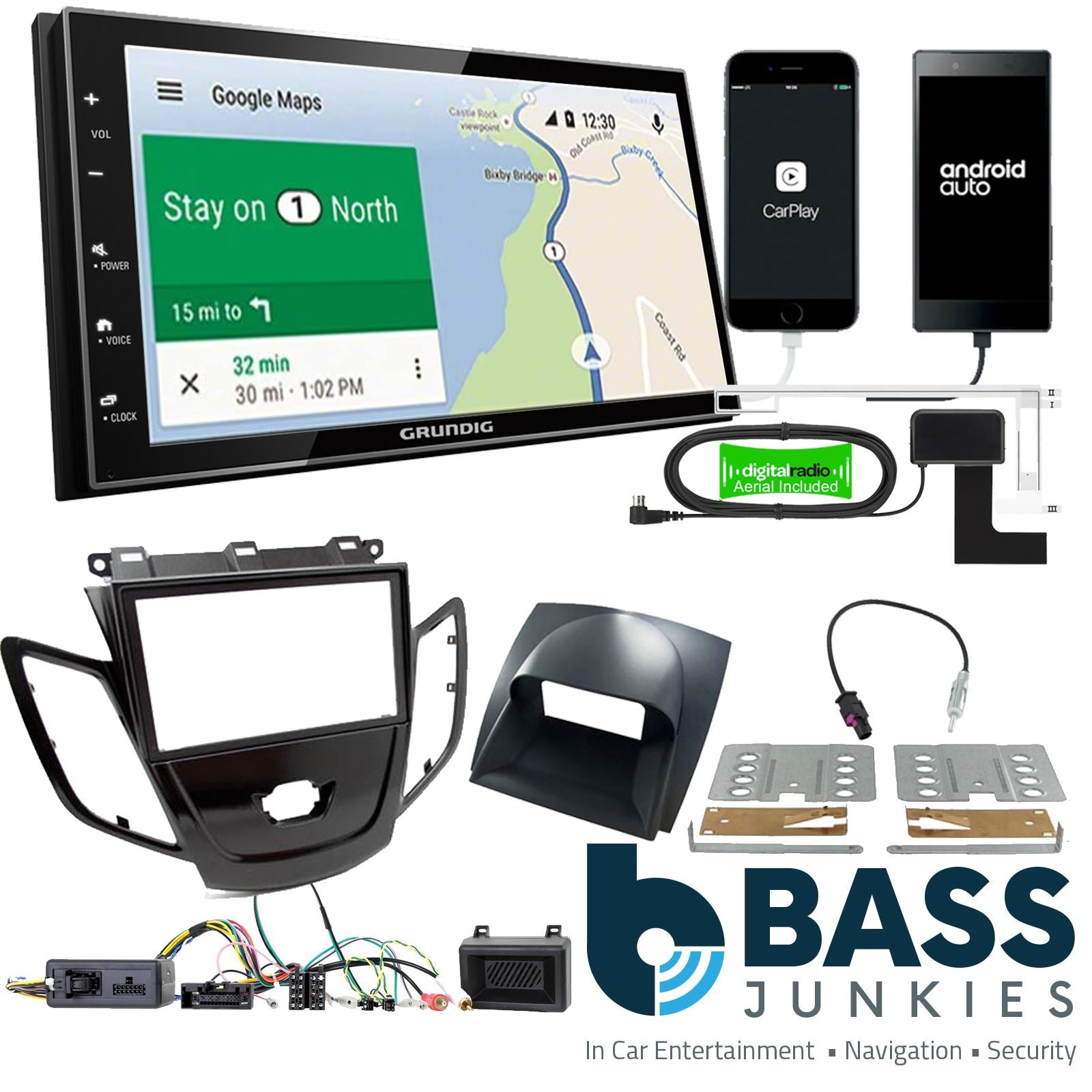 Grundig 6.8" Apple Android Double Din Stereo Fitting Kit + Steering Wheel Stalk Controls to fit Ford Fiesta 2010-12