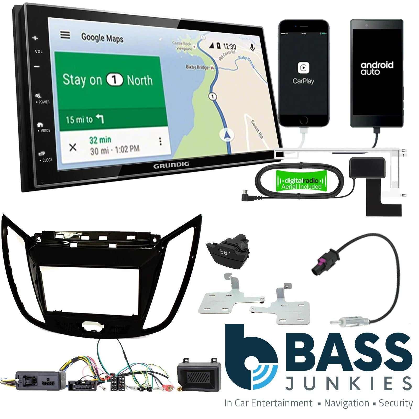 Grundig 6.8" Apple Android Double Din Stereo Fitting Kit + Steering Wheel Stalk Controls to fit Ford C-Max 2010-