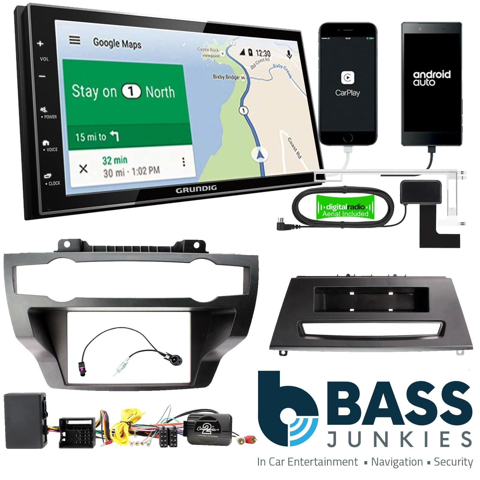 Grundig 6.8" Apple Android Double Din Stereo Fitting Kit + Steering Wheel Stalk Controls to fit BMW X5 2007-13 | BMW X6 2008-14