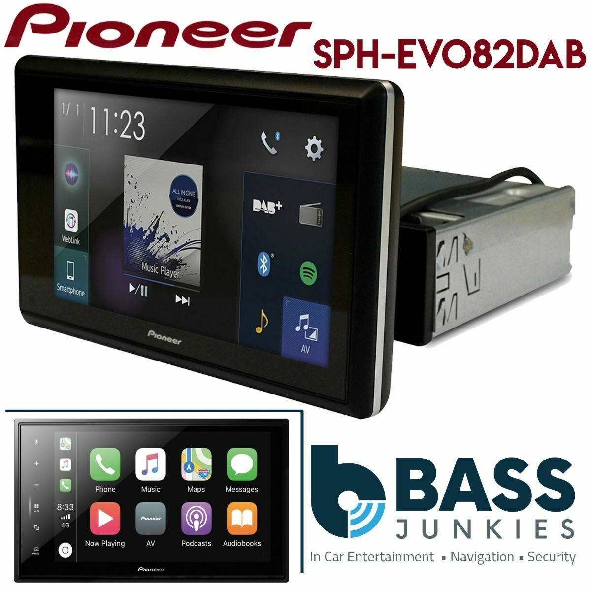 Pioneer SPH-EVO82DAB-UNI - 8" Bluetooth DAB USB Apple Carplay Android Auto Spotify Floating Effect Single Din Car Stereo Screen
