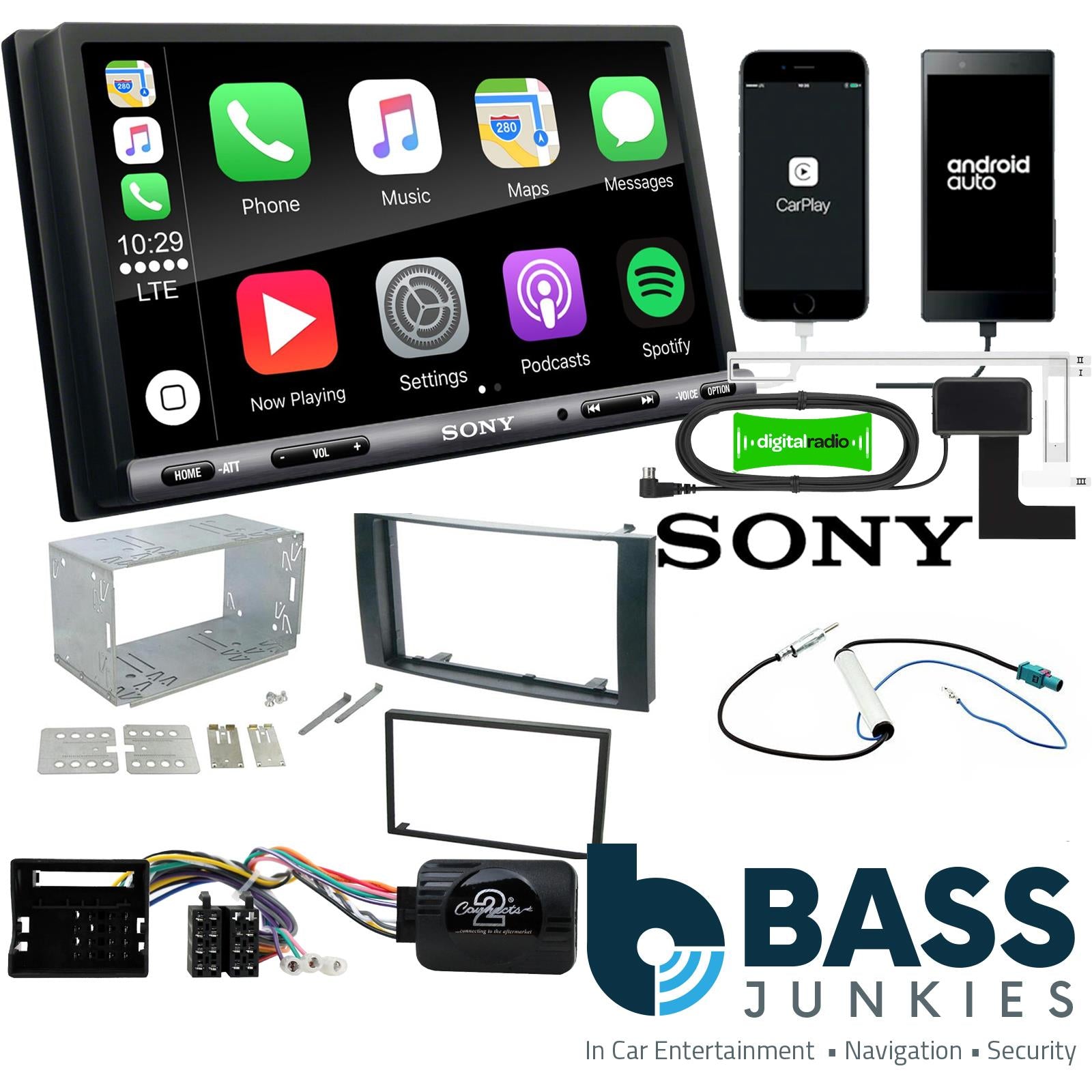 SONY DAB+ Apple | Android Double Din Stereo Fitting Kit + Steering Wheel Stalk Controls to fit VW Touareg 2003-10